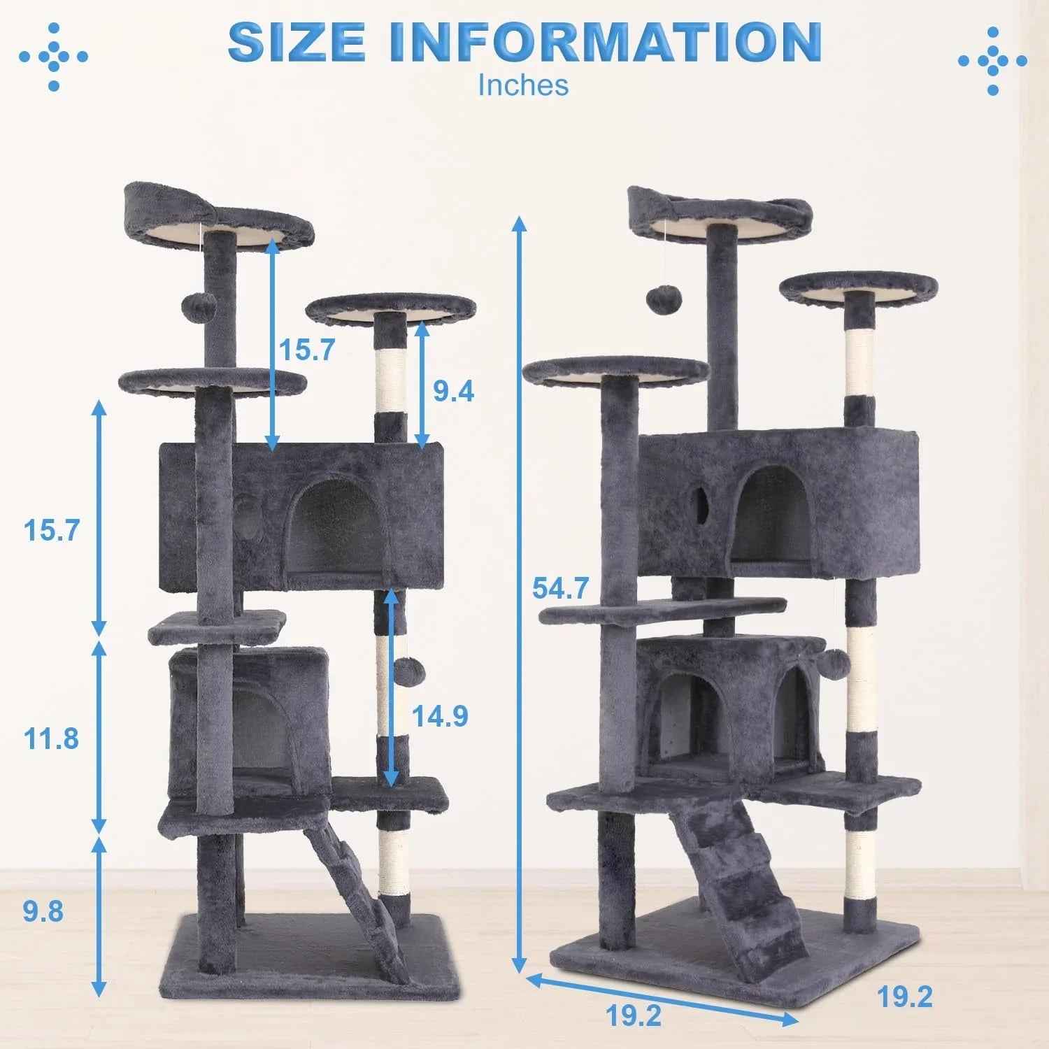 FDW Cat Tree 54in Cat Tower Multi-Level Durable Cat Scratching Post & Cozy Fun Cat Jumping Platform Space Saving Cat Condo Pet Play House for Indoor Cats,Dark Gray