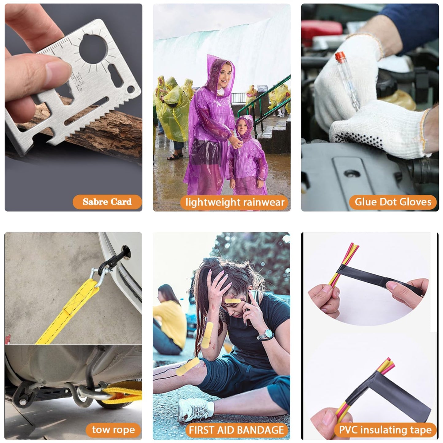 Car Roadside Emergency Kit, with Jumper Cables Automotive Kit,Car Safety Roadside Assistance Kit Headlamp,Tow Straps, Safety Hammers, Rainwear, Gloves.Black