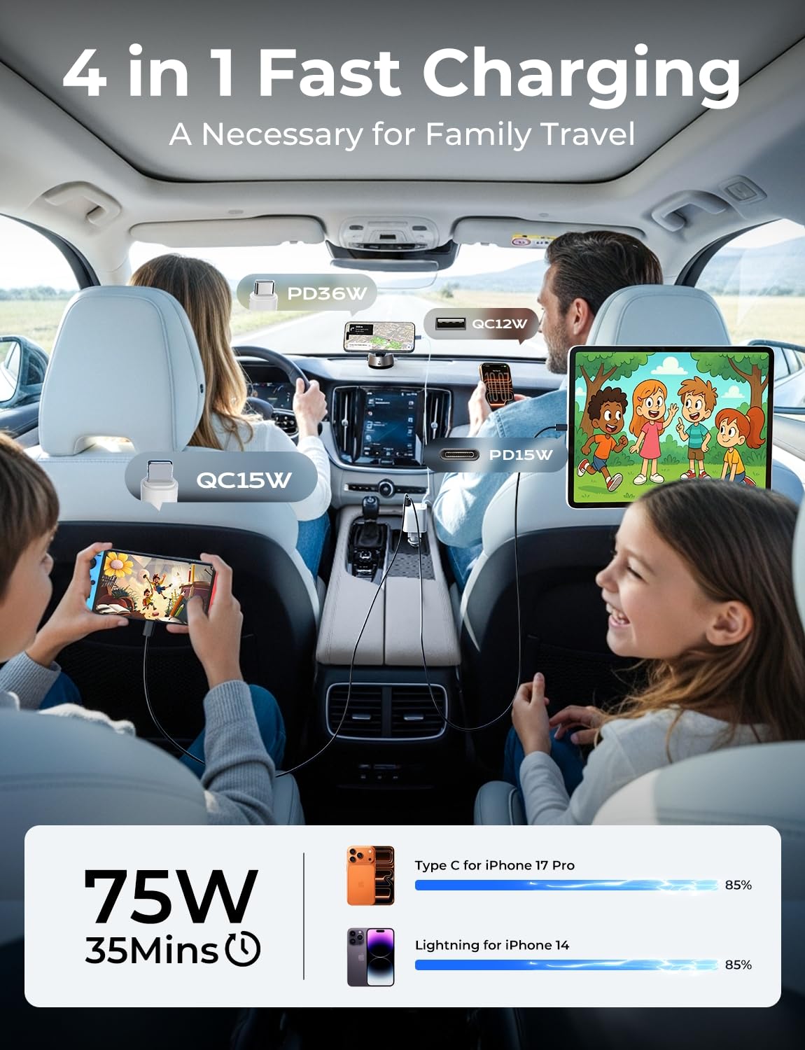 LISEN Retractable Car Charger, Gifts for Men Women, 69W Cars Adapter USB C Fast Charger for iPhoen 17, Car Accessories for Men Women, Gifts for Dad Mom, for iPhone 17 Pro Max Air 16 15 14 13 12 Plus