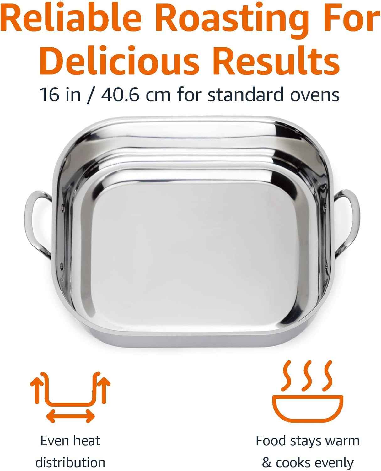 Amazon Basics Stainless Steel Rectangular Roasting Pan with Rack, 16 in