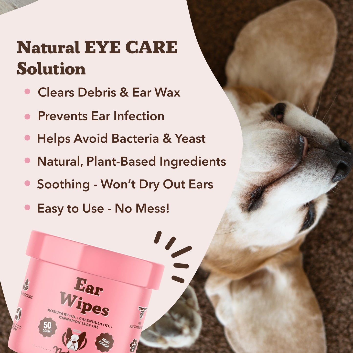 Natural Dog Company Wrinkle Wipes for Dogs, 100 Count, Hypoallergenic Dog Wipes, Wrinkle Wipes French Bulldog, Cleaning & Deodorizing, Dog Wipes for Grooming Faces, Paws & Butts