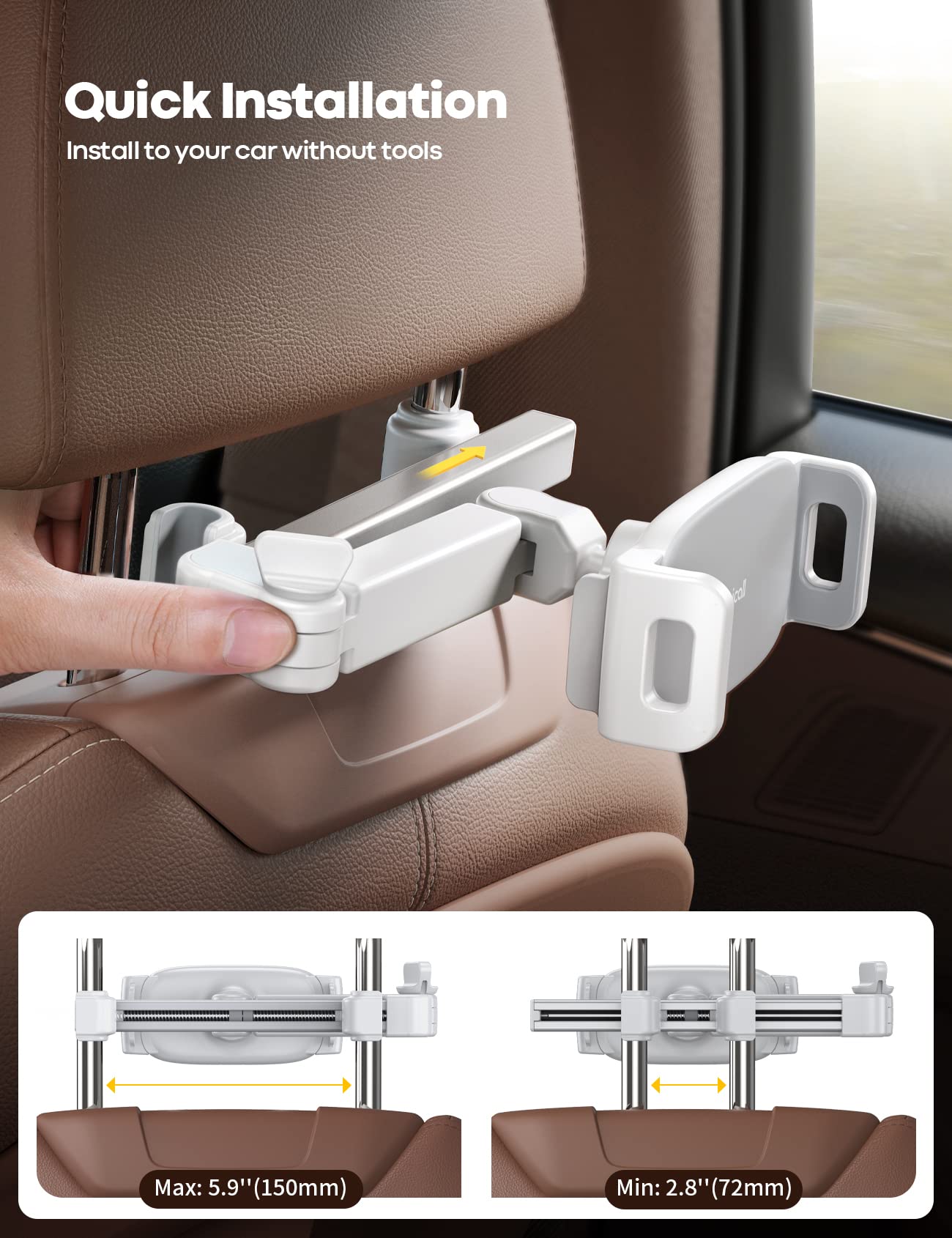 Lamicall Car Headrest Tablet Holder - [3 in 1 Extension Arm] Adjustable Tablet Car Mount for Back Seat, Road Trip Essentials for Kids, for 4.7-11" Device Like iPad Pro, Air, Mini, Galaxy, Fire, Black