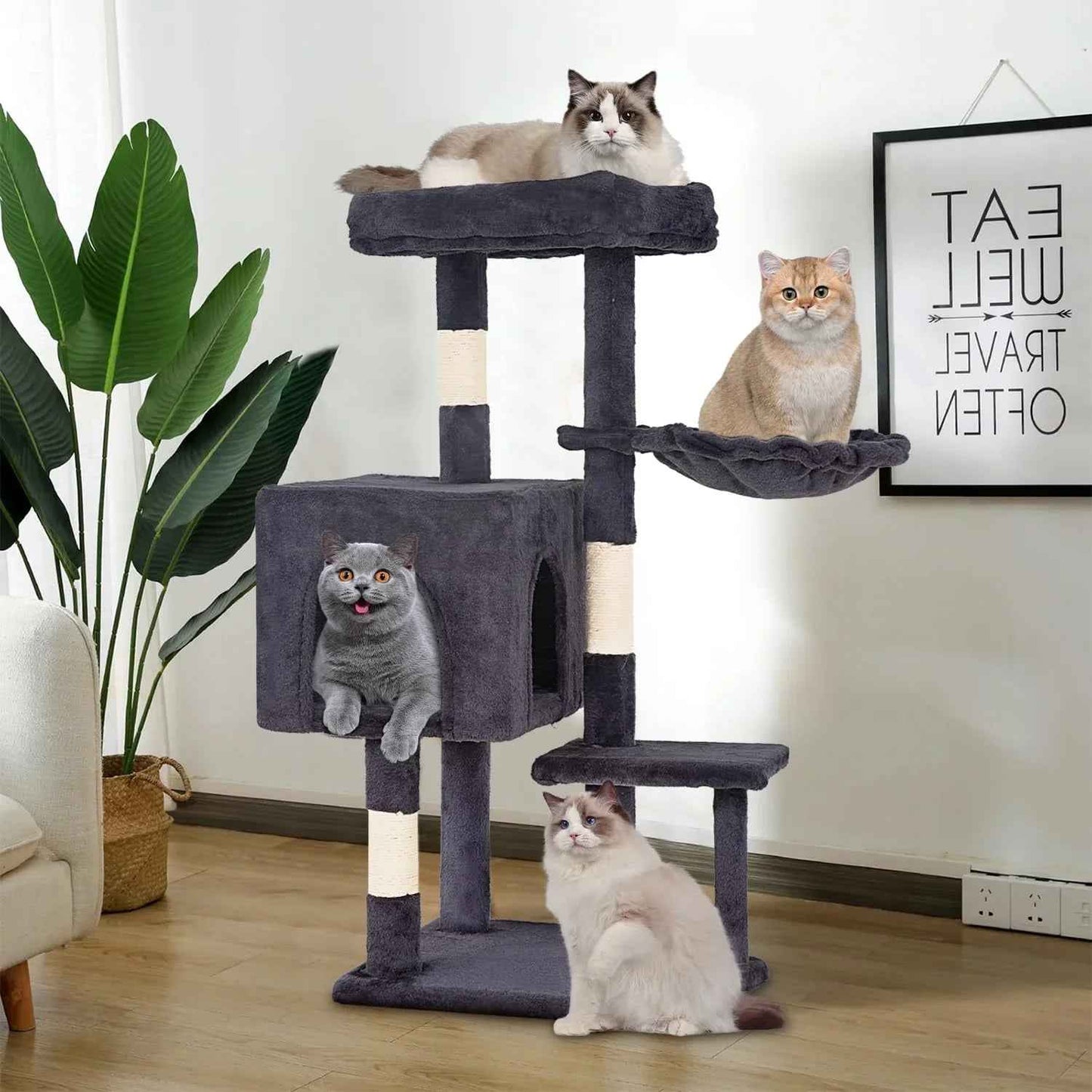 FDW Cat Tree 54in Cat Tower Multi-Level Durable Cat Scratching Post & Cozy Fun Cat Jumping Platform Space Saving Cat Condo Pet Play House for Indoor Cats,Dark Gray