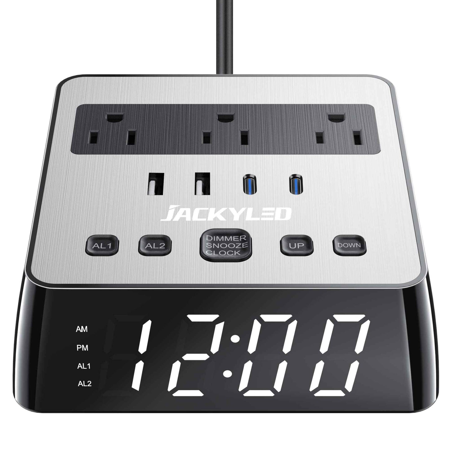 JACKYLED Alarm Clock with 4 USB Chargers Power Strip 3 Outlets 1700J Surge Protector Nightstand Dimmable Digital Clock with Dual Alarm and Snooze Function for Bedroom, Full Screen LED Display