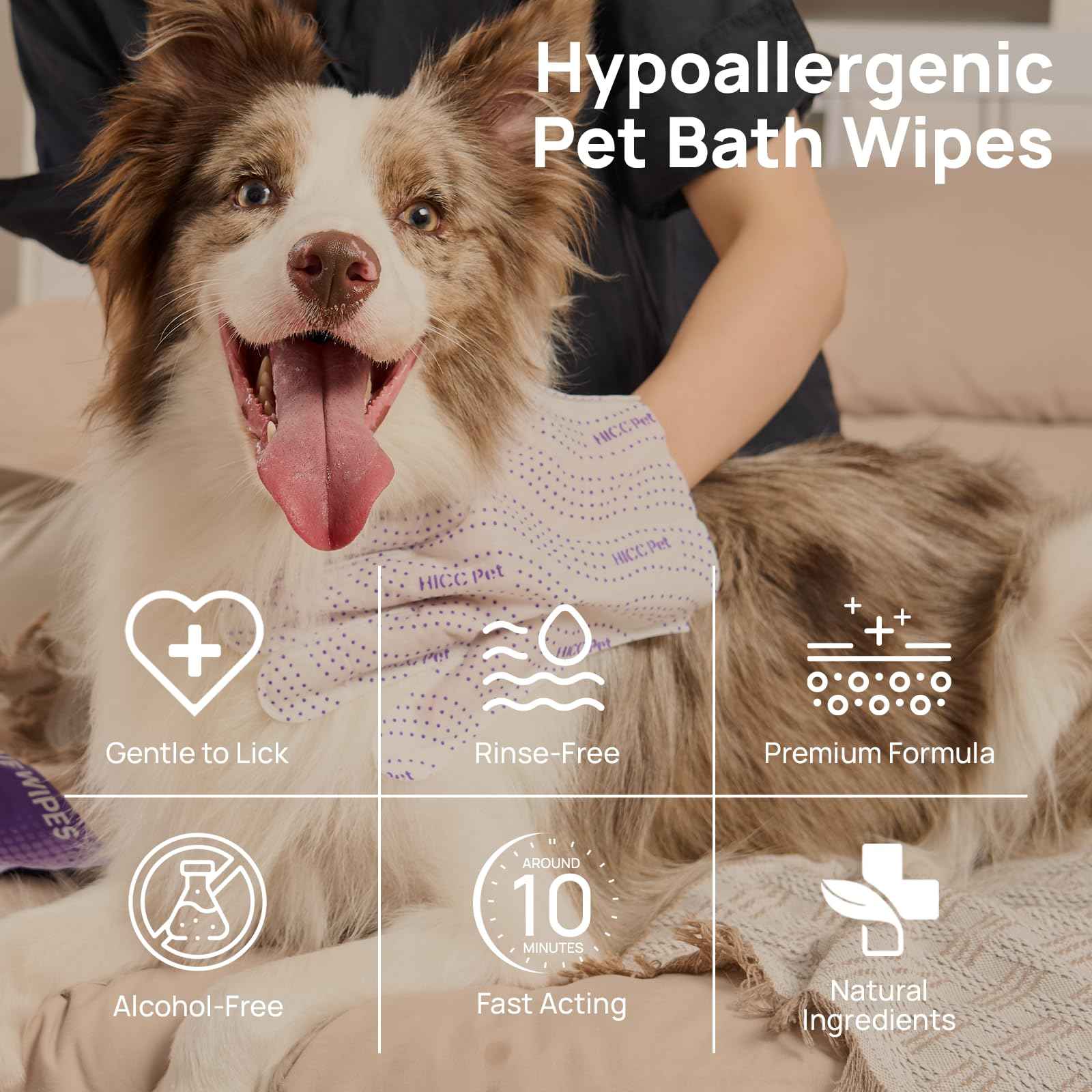 HICC PET Glove Wipes Pro – Pet Cleaning Gloves for Dogs & Cats – Infused with Coconut Oil & Plant Extracts – Hypoallergenic, Gentle, Spa-Like Care at Home