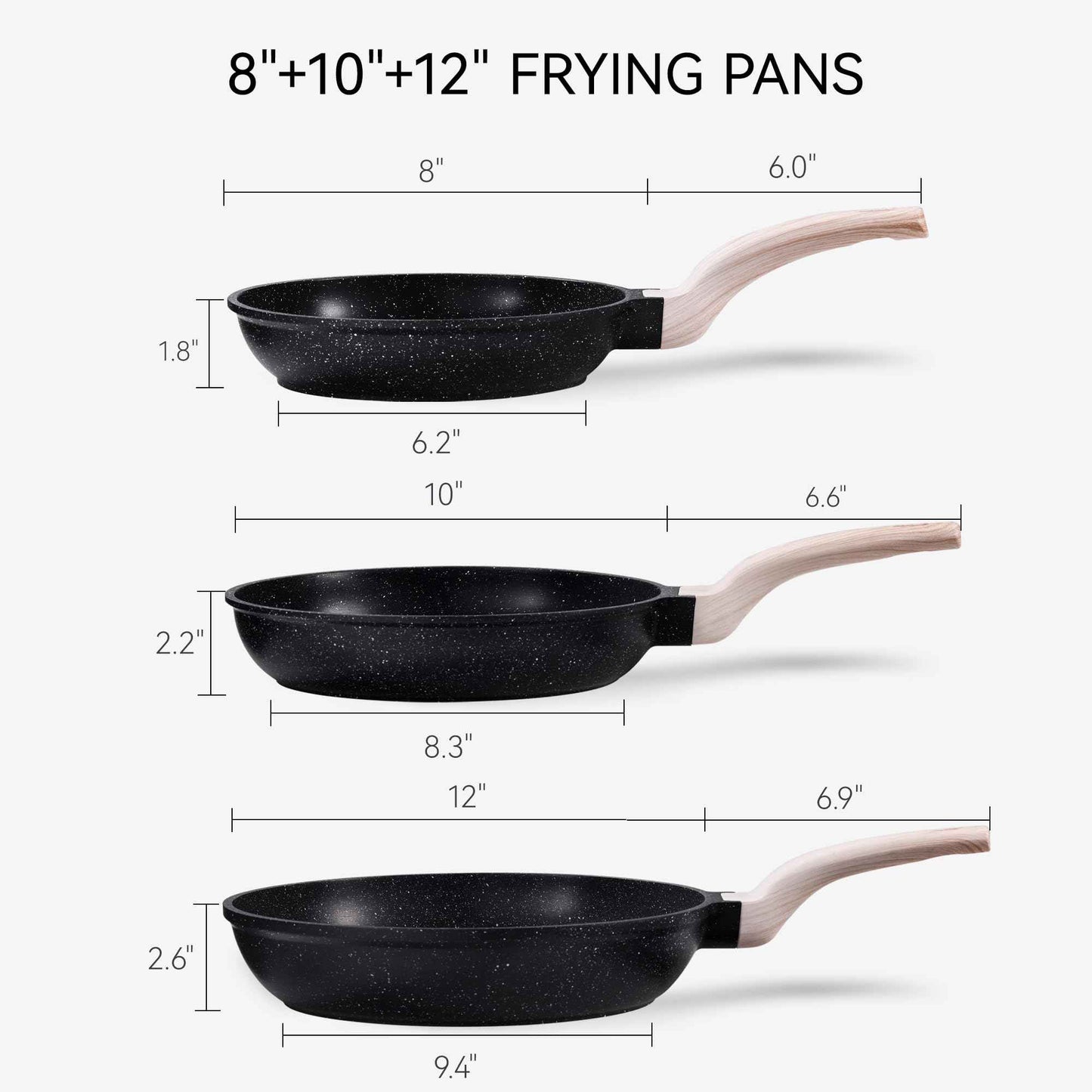 CAROTE Non Stick Frying Pan Skillet Set, Omelet Pan, Healthy Non Toxic Granite Chef Pan, Induction Compatible Egg Frying Pan with Heat-Resistant Handle, PFOA-Free,Black, 8"+10"+12"
