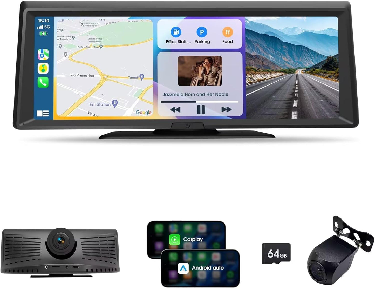 Wireless Portable CarPlay Screen，8.1" Portable Touchscreen Car Stereo with 2K Dash Cam/Carplay & Android Auto，1080P Backup Camera，GPS Navigation，Voice Control，Loop Recording，Mirror Link