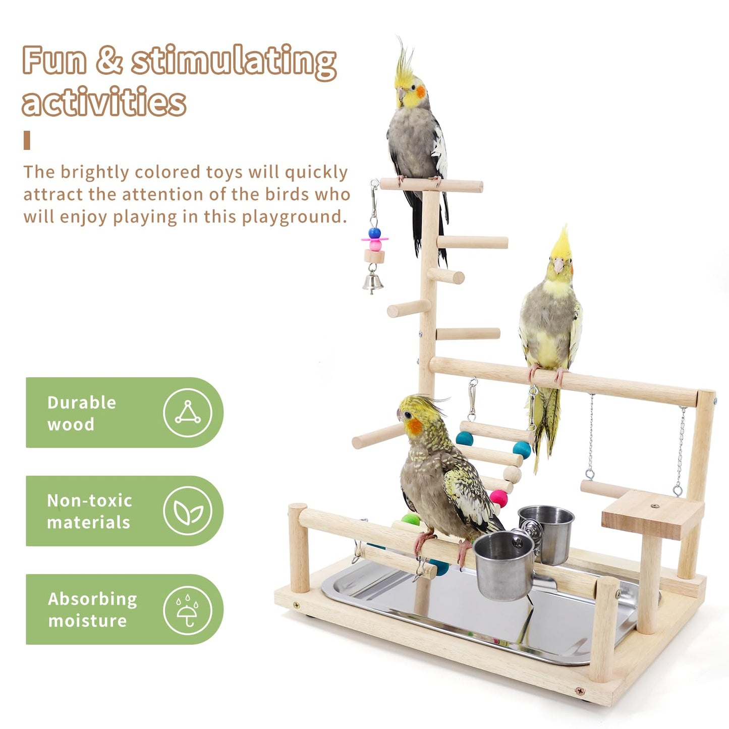 Bird Playground, Parrots Playstand for Small to Medium Birds, Perch Stand with 3 Ladders Playgym with Rope Perch, Swings Feeder Cups Bird Cage Accessories for Conure Cockatiel Lovebirds