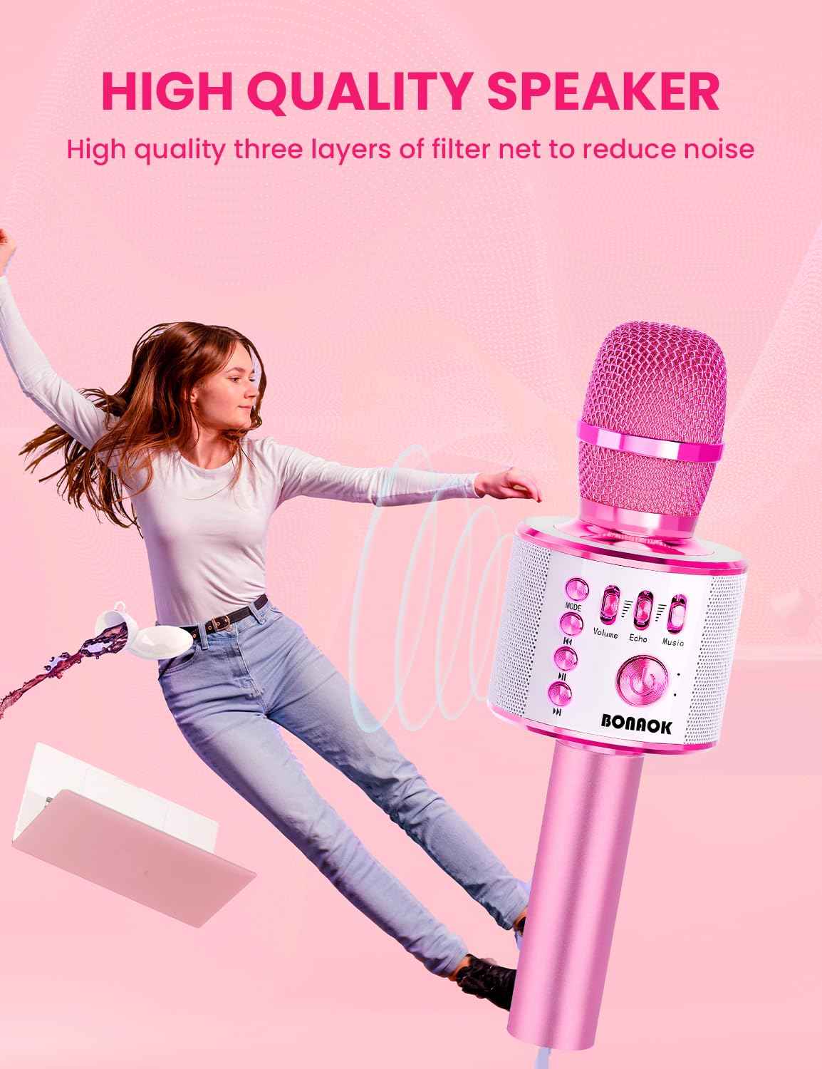 BONAOK Wireless Bluetooth Karaoke Microphone, Portable Toy Microphone for Singing, Gifts to Girls Boys Kids Adults All Age Q37（Bright Purple）