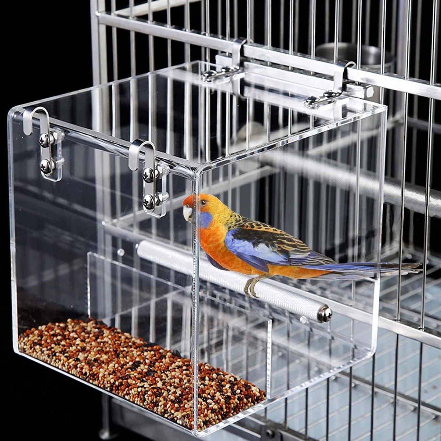 No Mess Bird Feeder for Cage, Automatic Acrylic No Mess Bird Feeder Cage for Parrots Canary Parakeet Budgerigar Crested Myna Cockatiel Lovebird (Large)