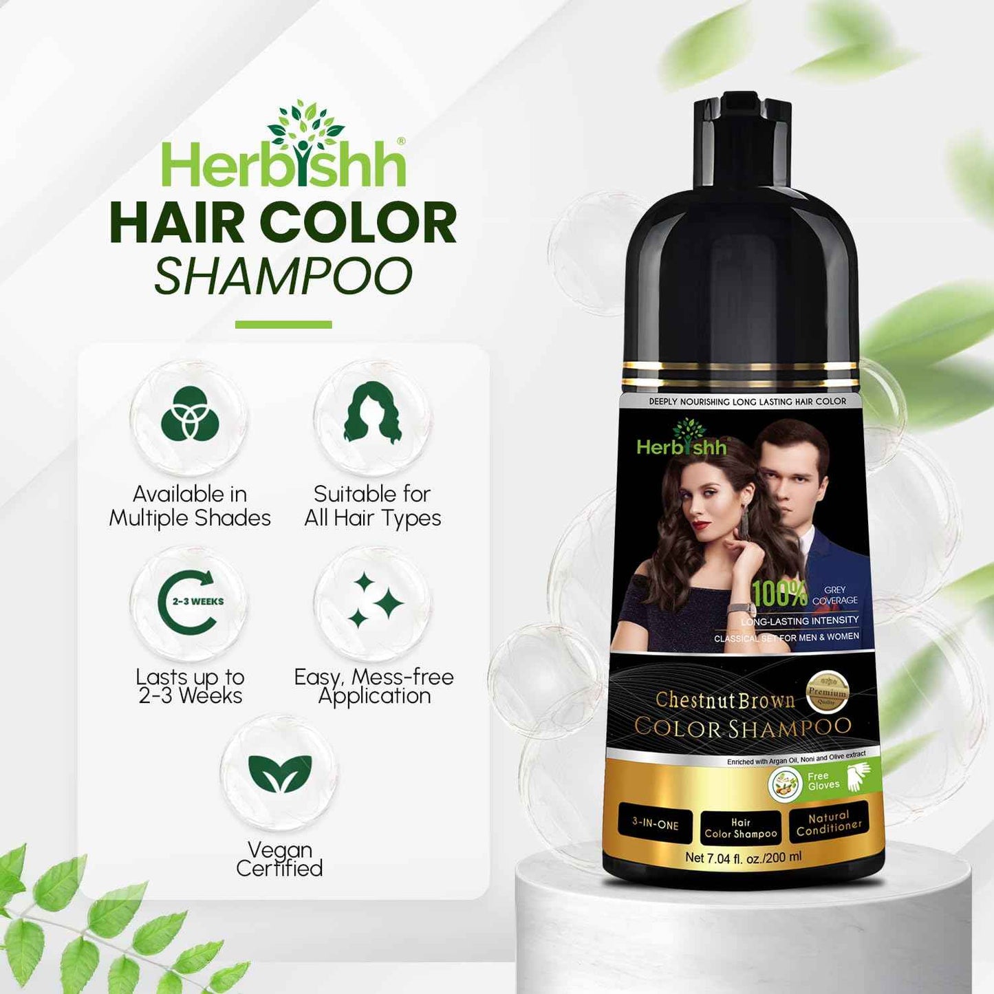 Herbishh Black Shampoo, Hair Dye Shampoo 3 in 1, 100% Grey Coverage, Demi-Permanent Hair Color for Men & Women, Long-lasting Color in 5-15 Mins, Ammonia-free, 200 ml