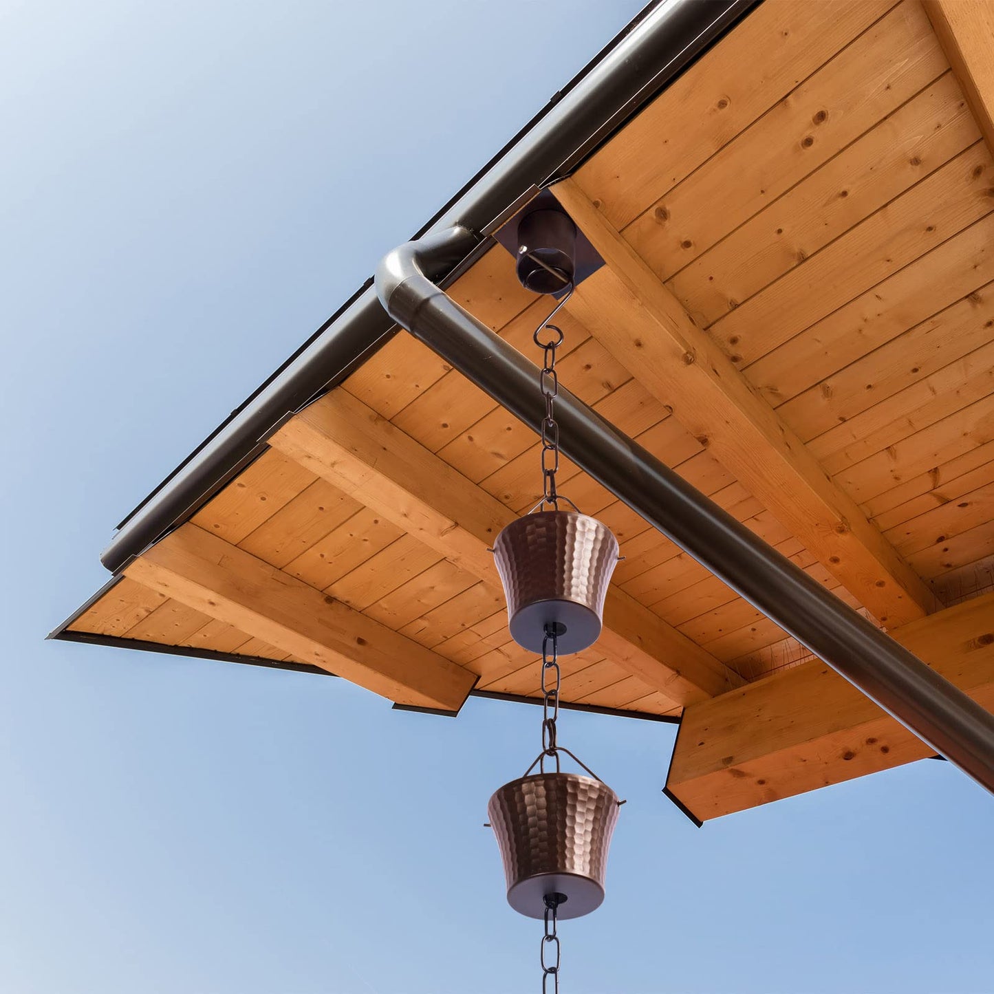 Rain Chain Bird Cage Set 8.5Ft, Not Rust Wrought Iron Rain Chains for Gutters with Adapter Gotta Drain and Sturdy Anchoring Stake,13 Cups, 1 Hook, Adjustable Length for Garden Decorative (Coffee)