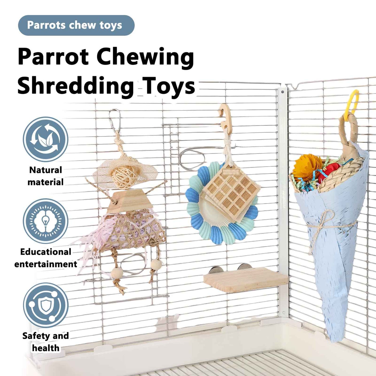 Parrot Chew Toys Set - Natural Wood & Loofah Toys with Plant-Based Dyes, 3 Pack Bird Chew Toys for Cockatiels, Conures & Small Parrots for Cage Enrichment (3 Pieces of Blue Series)