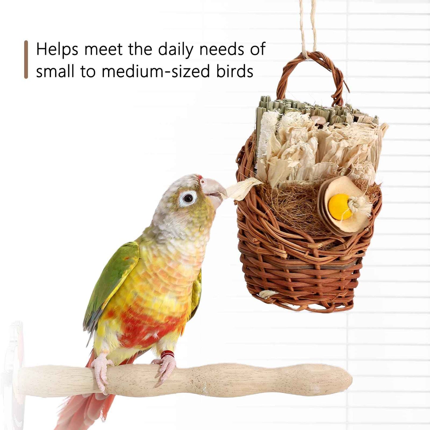 Natural Bird Chew Toys Shreddable Toys Made of Seagrass, Timothy Grass & Corn Leaves with Wood Hook for Cockatiels, Parakeets, Small Medium Birds (Pinecone Woven Basket)