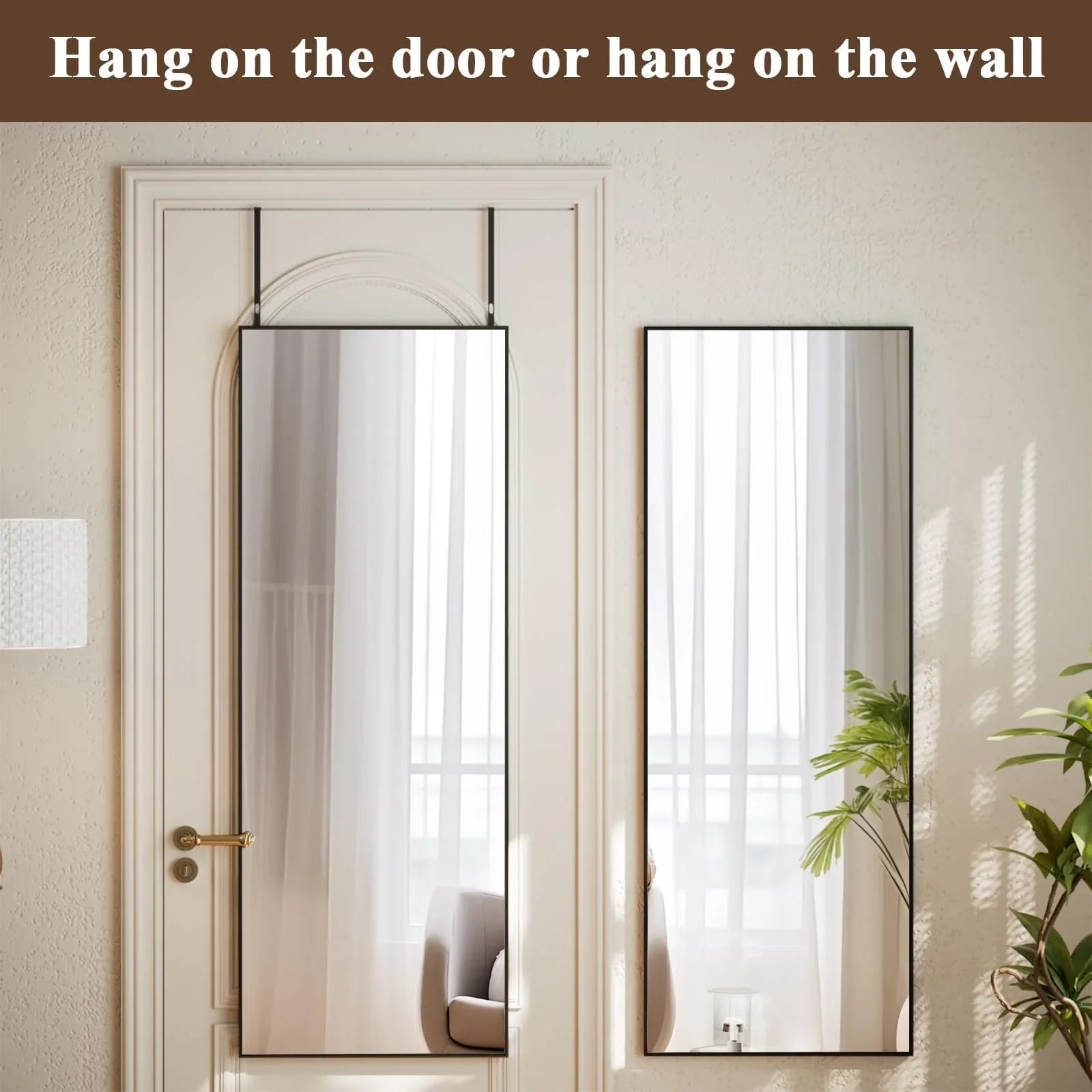 VooBang 14"x48" Full Length Over The Door Mirror - Aluminum Alloy Frame Full Body Mirror with Height-Adjustable Hangers, Hanging Leaning Against Wall for Dorm, Black - Jlhbookstore.store