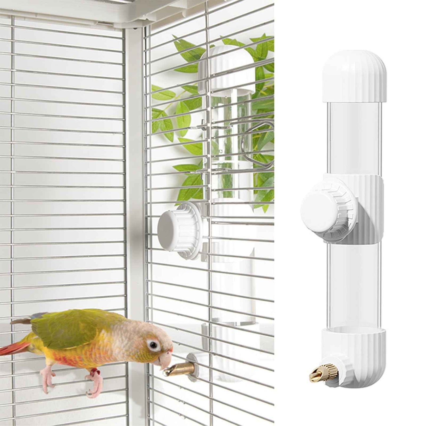 9.4 Fl Oz No Mess Bird Water Dispenser, Automatic Parrot Water Feeder with Spring Valve, Clear Cage Water Drinker for Parakeets Cockatiels Budgies Finch Lovebirds & Canary (White, 7.4 fl oz (220ml))