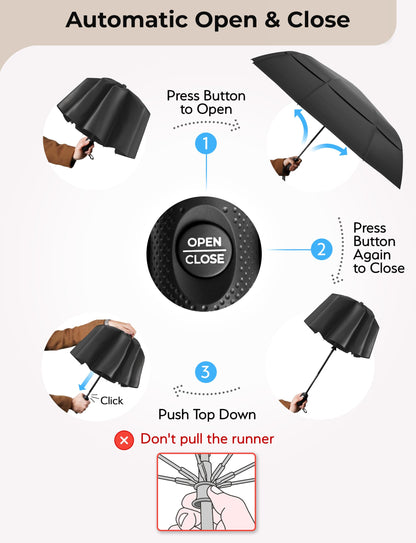 TUMELLA Strongest Windproof Travel Umbrella (Compact, 100MPH Wind-Tested), Light, Portable, One-Handed Use, Automatic Folding Rain Umbrella, Durable, Premium Grip, Fits Car & Backpack