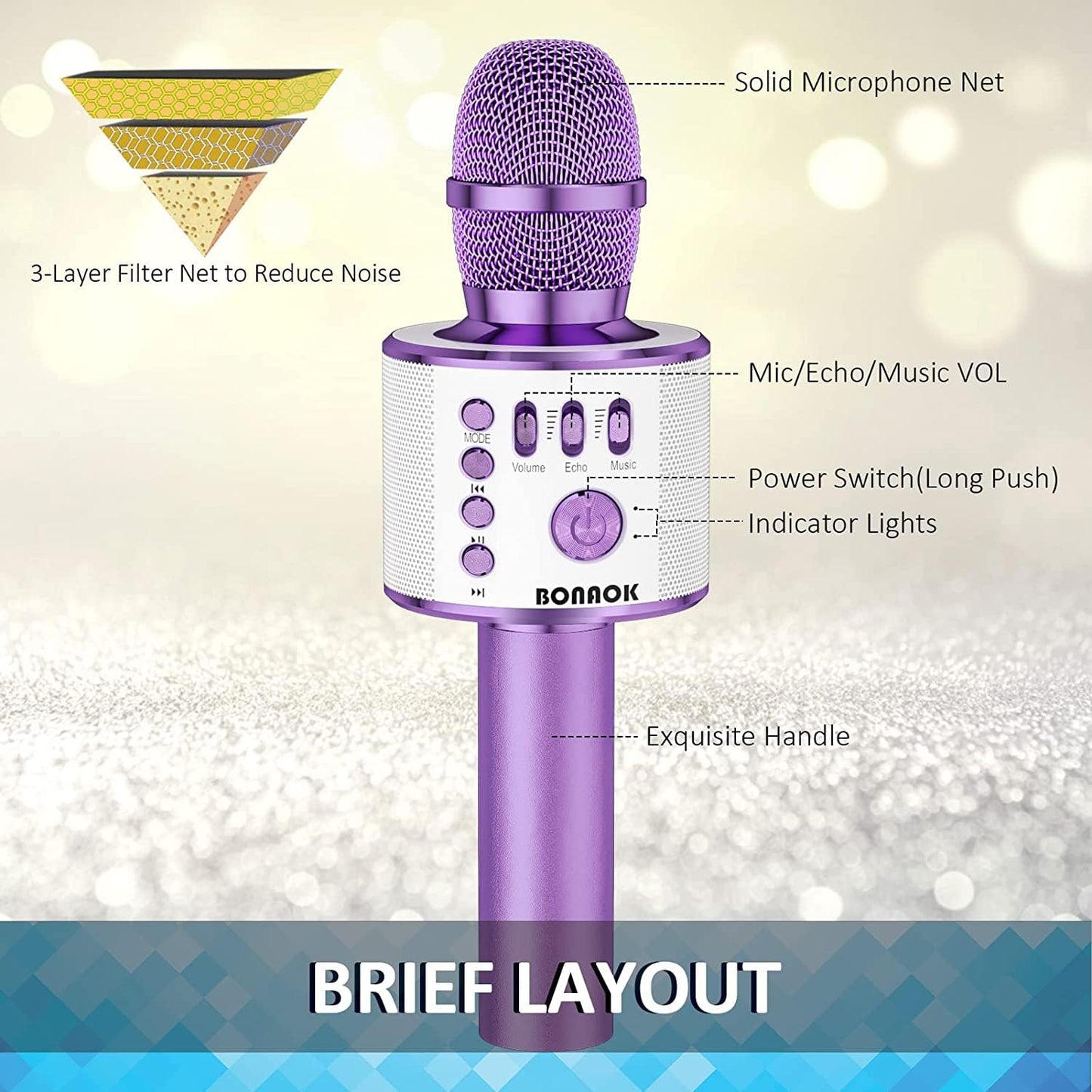BONAOK Wireless Bluetooth Karaoke Microphone, Portable Toy Microphone for Singing, Gifts to Girls Boys Kids Adults All Age Q37（Bright Purple） jlhbookstore.store