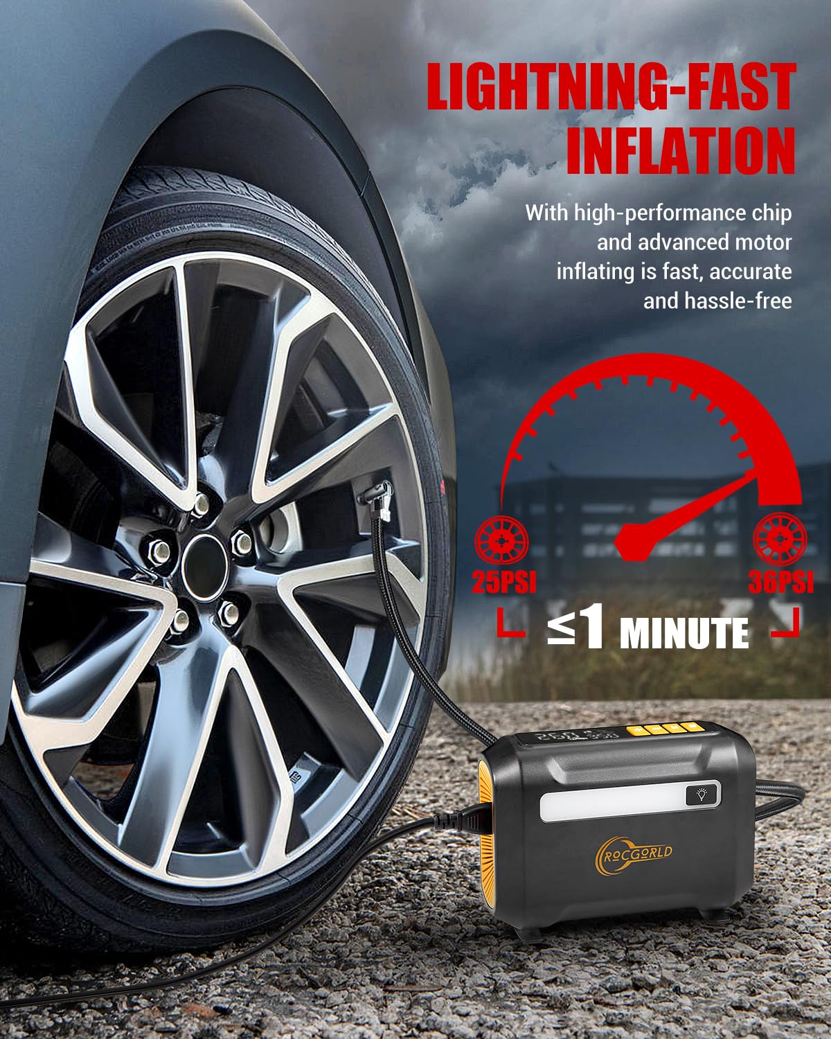R8 Tire Inflator Portable Air Compressor, DC 12V Air Compressor Portable with Large Dual Digital Screen, 3X Faster Inflation Air Pump for Car, Bike, Ball, Motor