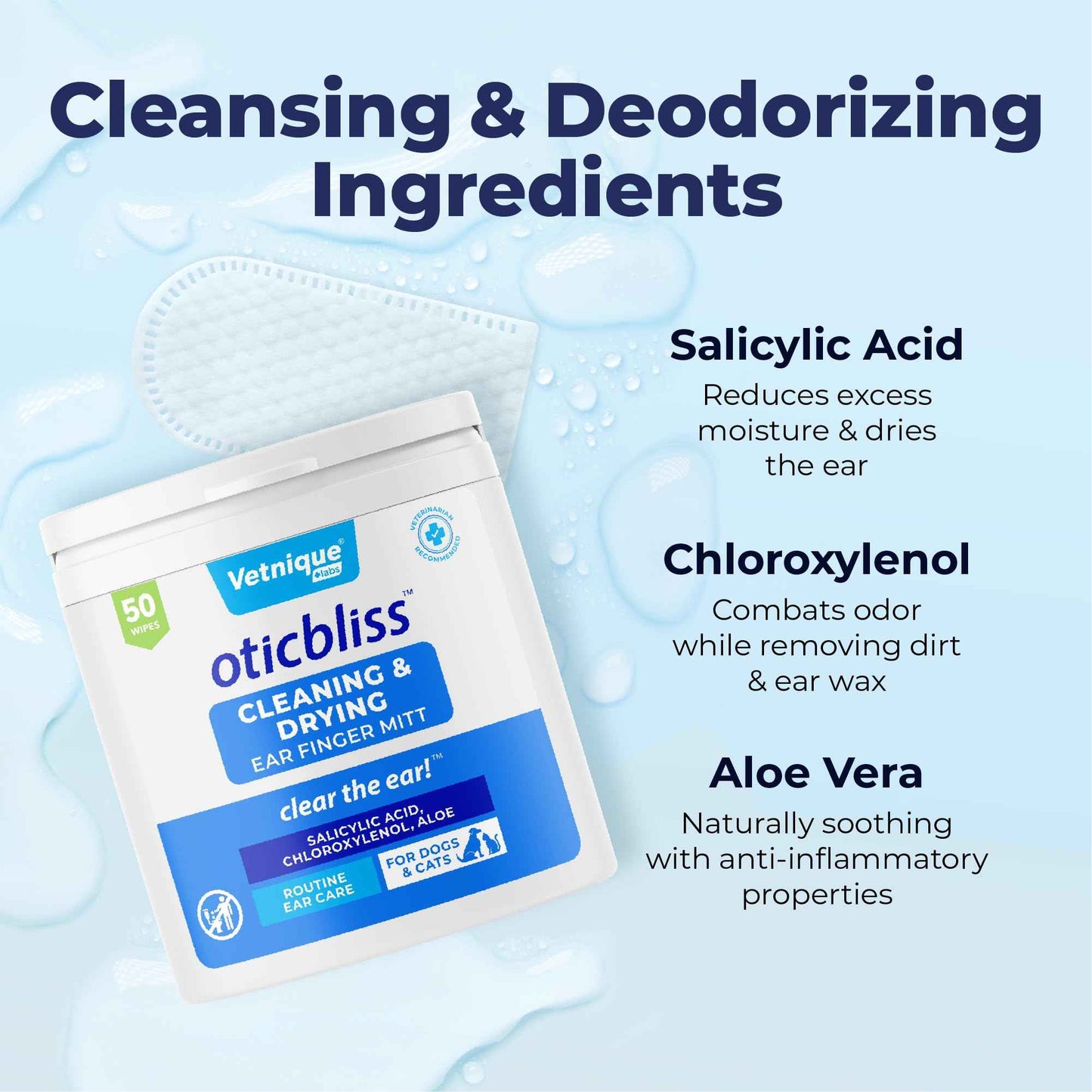 Vetnique Oticbliss Cat & Dog Ear Wipes - Dog Ear Infection Treatment or Dog Ear Cleaner Wipes for Dirty, Waxy, Smelly Dog Ears, Odor Control with Aloe Vera & Salicylic Acid (Finger Mitt Ear Wipes)