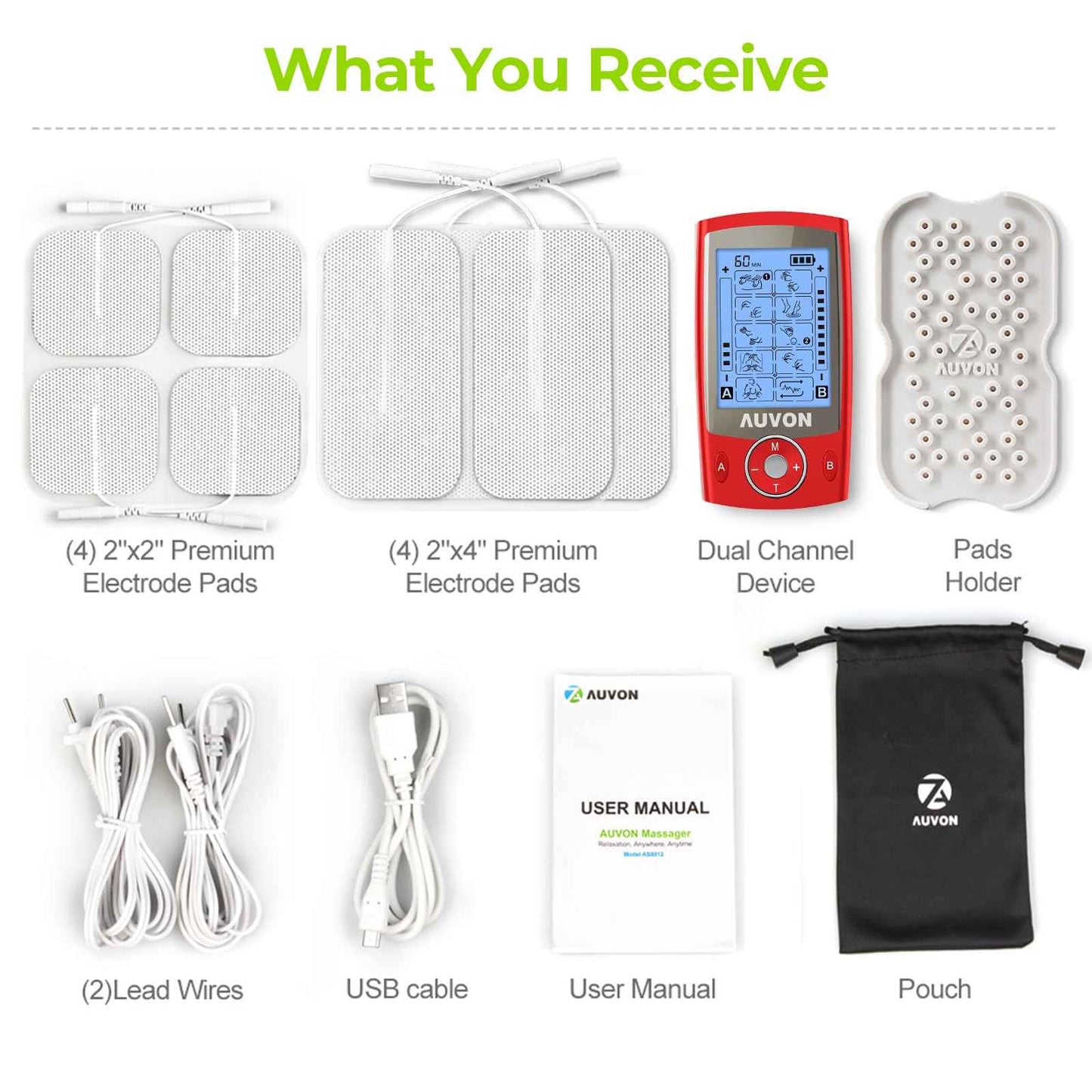 AUVON Dual Channel TENS Unit Muscle Stimulator Machine with 20 Modes, 2" and 2"x4" TENS Unit Electrode Pads