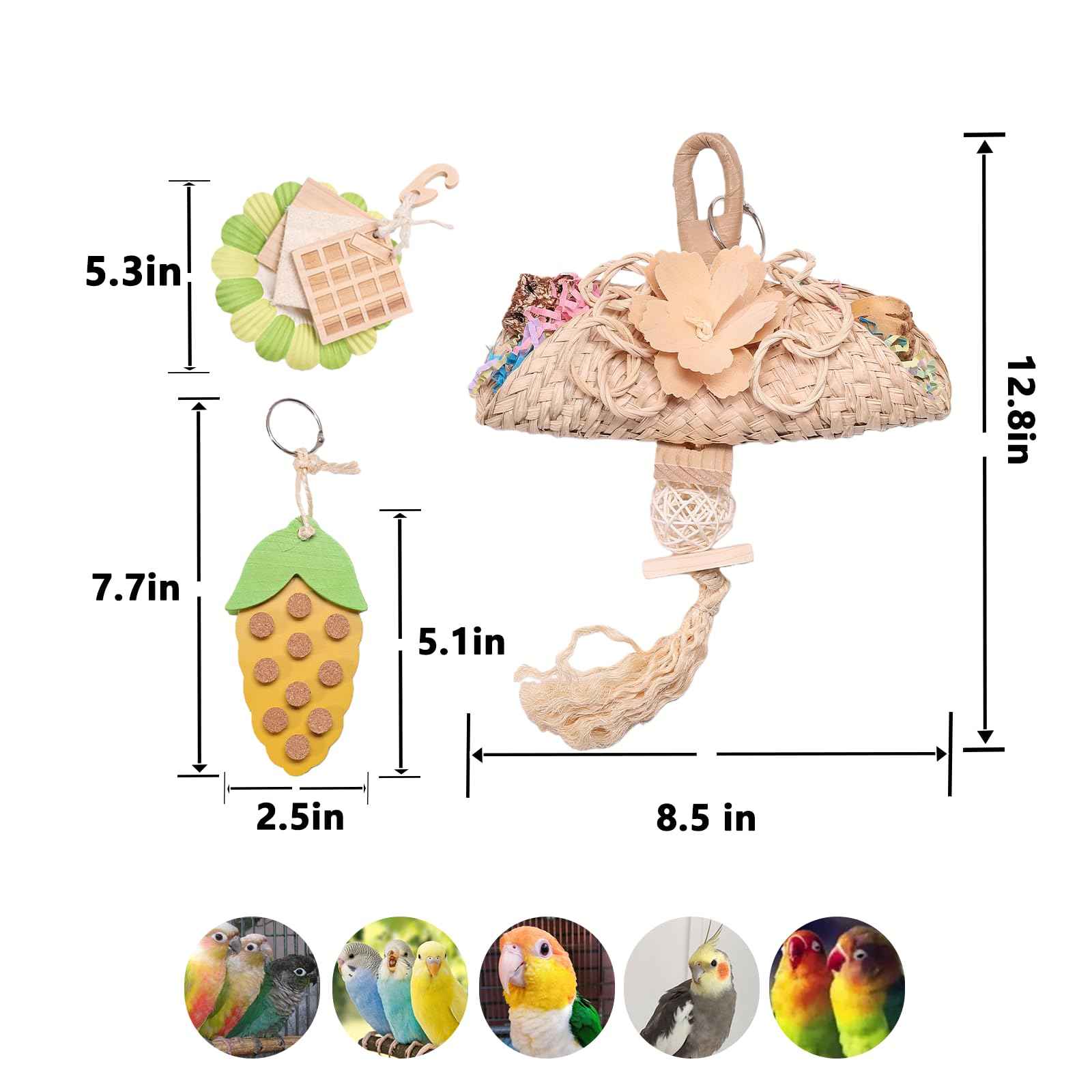 Parrot Chew Toys Set - Natural Wood & Loofah Toys with Plant-Based Dyes, 3 Pack Bird Chew Toys for Cockatiels, Conures & Small Parrots for Cage Enrichment (3 Pieces of Blue Series)