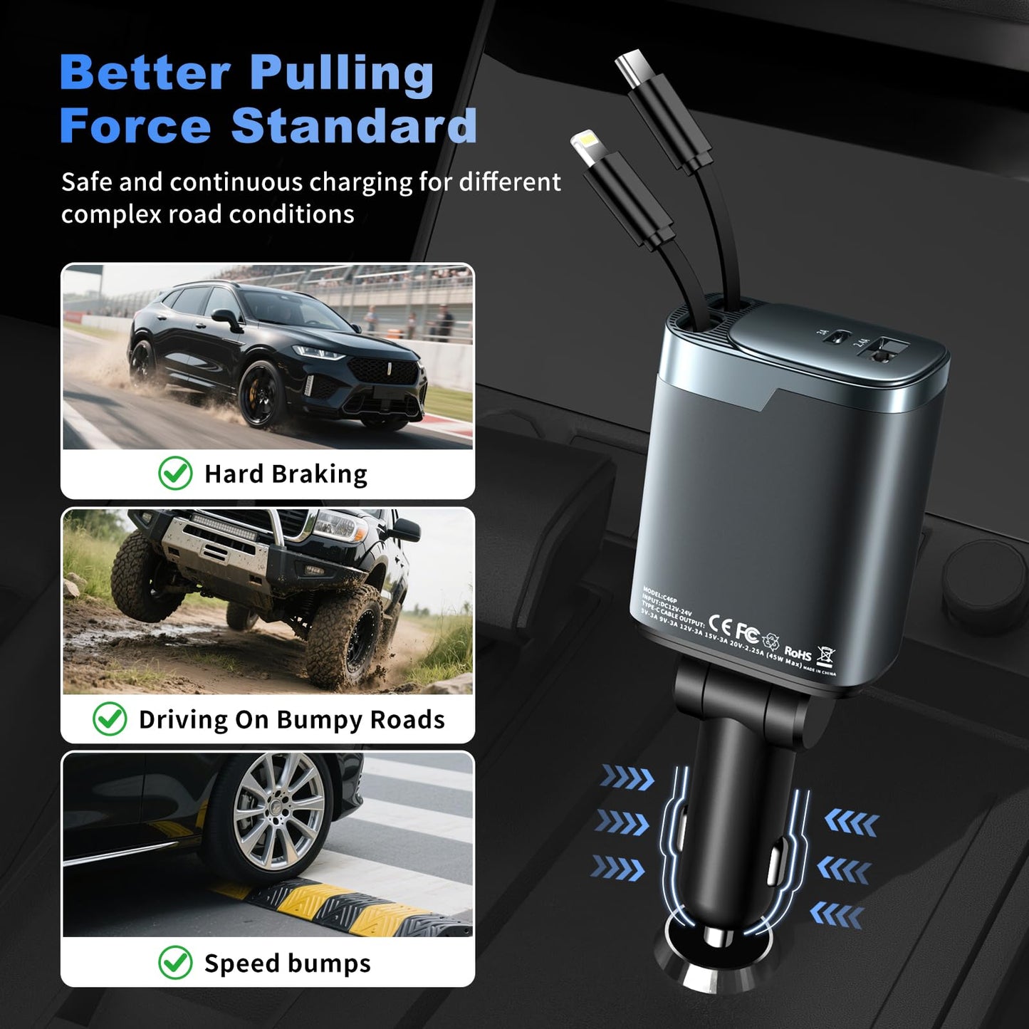 Retractable Car Charger, 84W Car Charger USB C 4 in 1, Car Accessories Fast Charging Car Charger Adapter for iPhone 17 16 15 14 13 12 Pro Max, Samsung, Pixel | Travel Essentials Gifts for Men Women