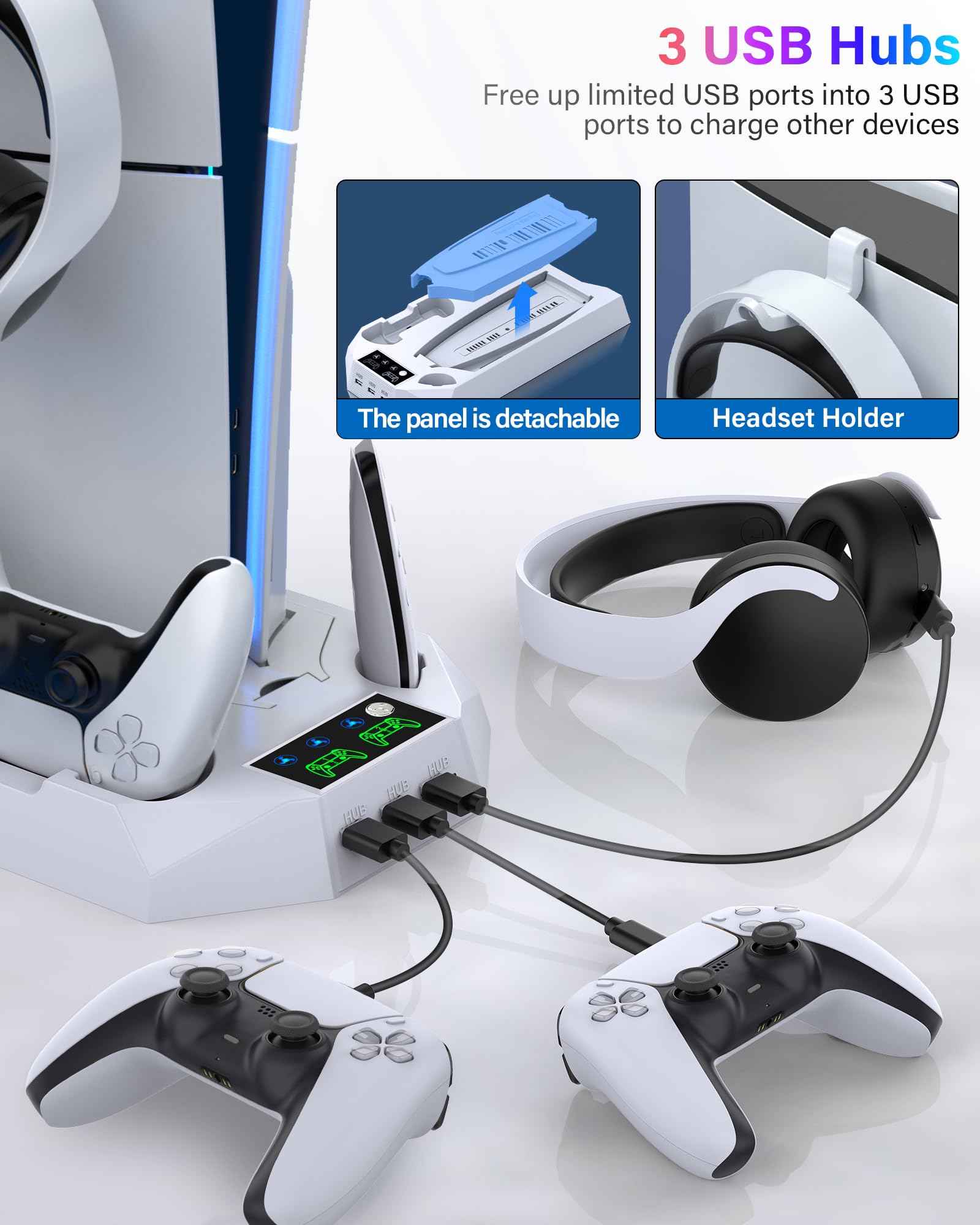 PS5/PS5 Slim/PS5 Pro Stand and Cooling Station with Dual Controller Charging Station for PlayStation 5 Console, PS5 Accessories Incl. Controller Charger, Cooling Fan, Headset Holder, 3 USB Hub, White