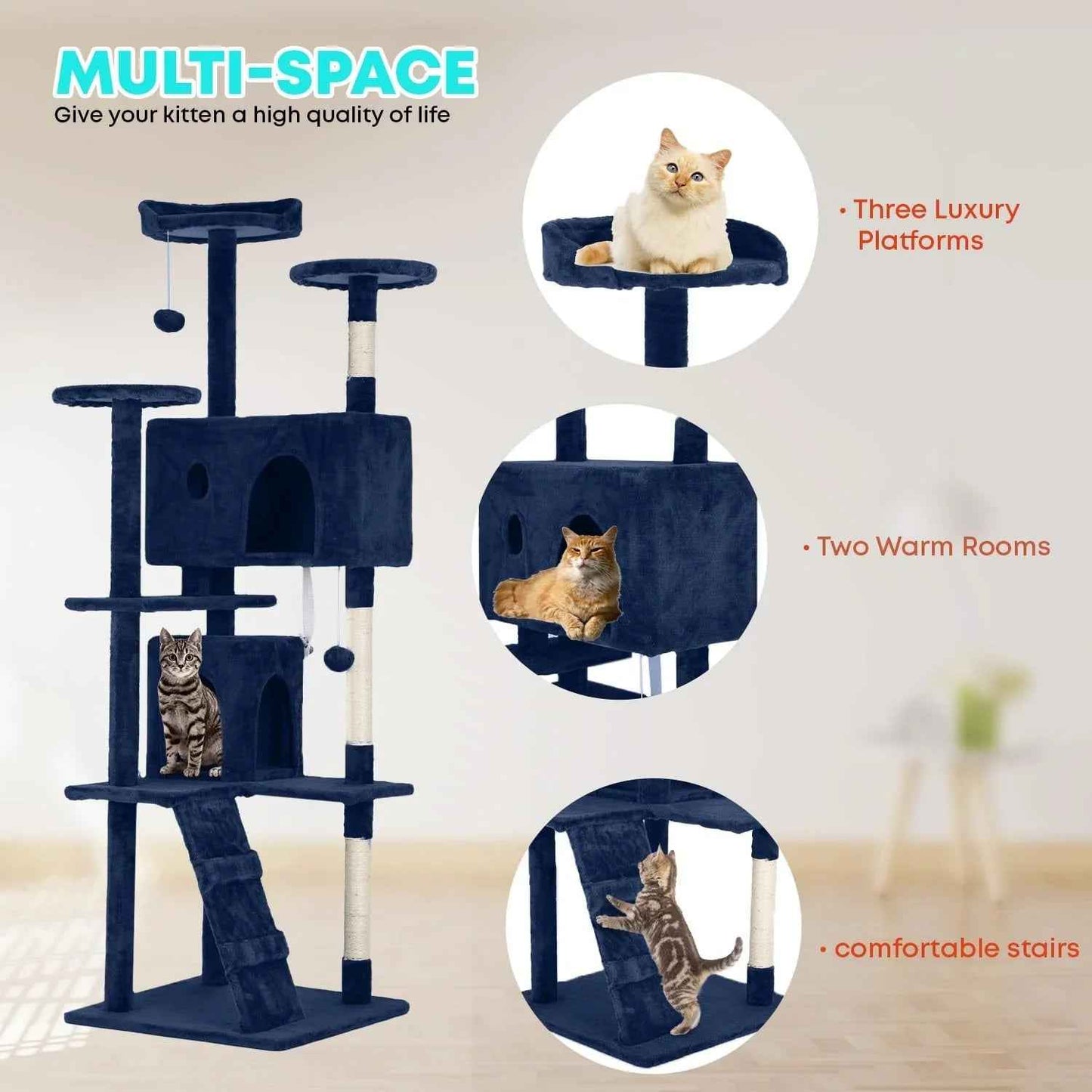 FDW Cat Tree 54in Cat Tower Multi-Level Durable Cat Scratching Post & Cozy Fun Cat Jumping Platform Space Saving Cat Condo Pet Play House for Indoor Cats,Dark Gray