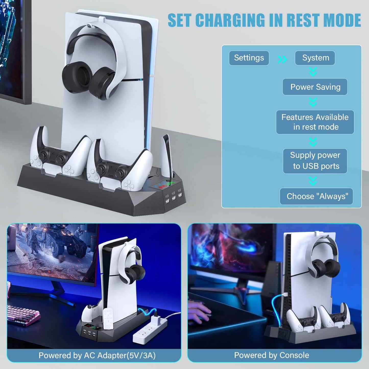 PS5/PS5 Slim/PS5 Pro Stand and Cooling Station with Dual Controller Charging Station for PlayStation 5 Console, PS5 Accessories Incl. Controller Charger, Cooling Fan, Headset Holder, 3 USB Hub, White