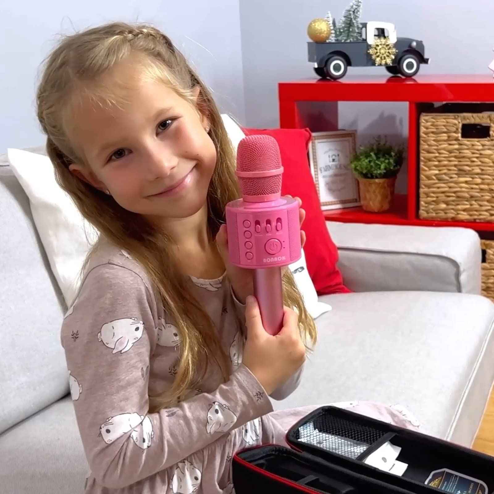 BONAOK Wireless Bluetooth Karaoke Microphone, Portable Toy Microphone for Singing, Gifts to Girls Boys Kids Adults All Age Q37（Bright Purple）