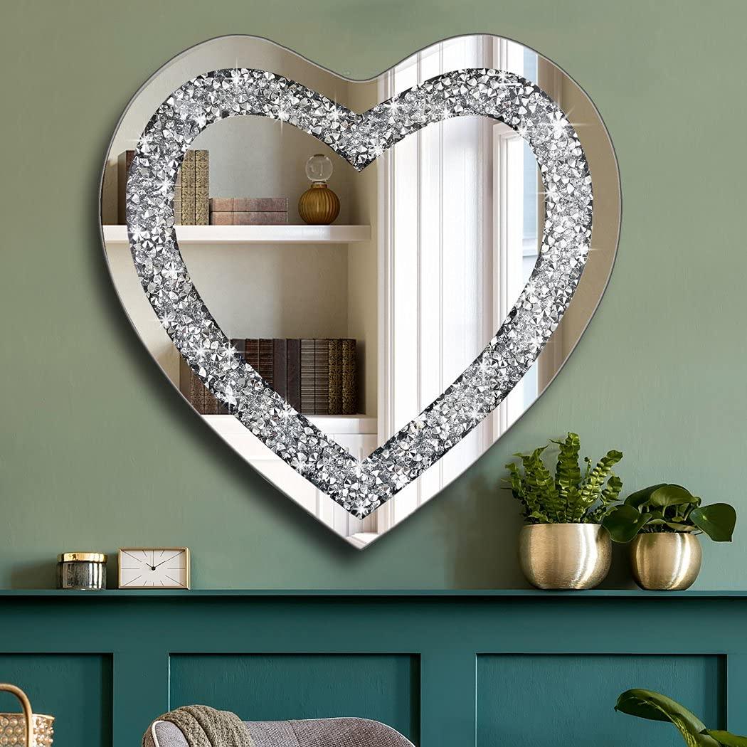 DMDFIRST Heart Shaped Silver Glass Mirror 2 Pack 12x12inch Crystal Crush Diamond Decor Chain Mirror for Wall Decoration - Jlhbookstore.store