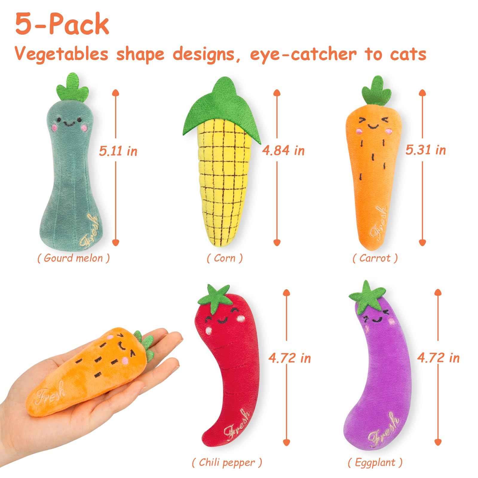 Catnip Cat Toys, Safe Teeth Cleaning Cat Nip Toys for Indoor Kitten Kitty,Interactive Plush Cat Chew Kicker Toys, 5 Pack, Vegetable Shape