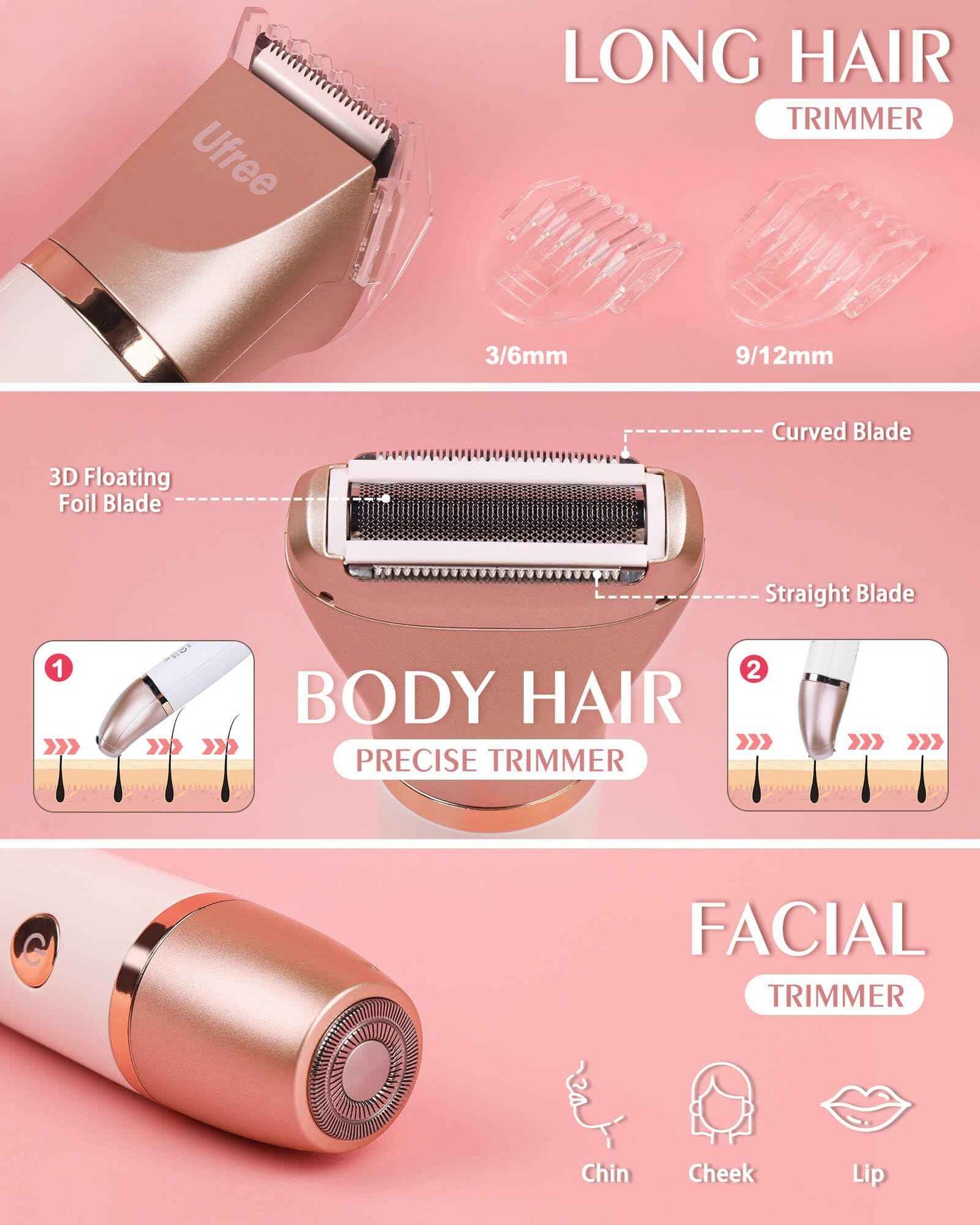 Ufree Bikini Trimmer Electric Razors for Women, Rechargeable Pubic Body Hair Trimmer Electric Shaver for Legs Body Hair, Bikini Shaver IPX7 Waterproof, Gifts for Women, Purple