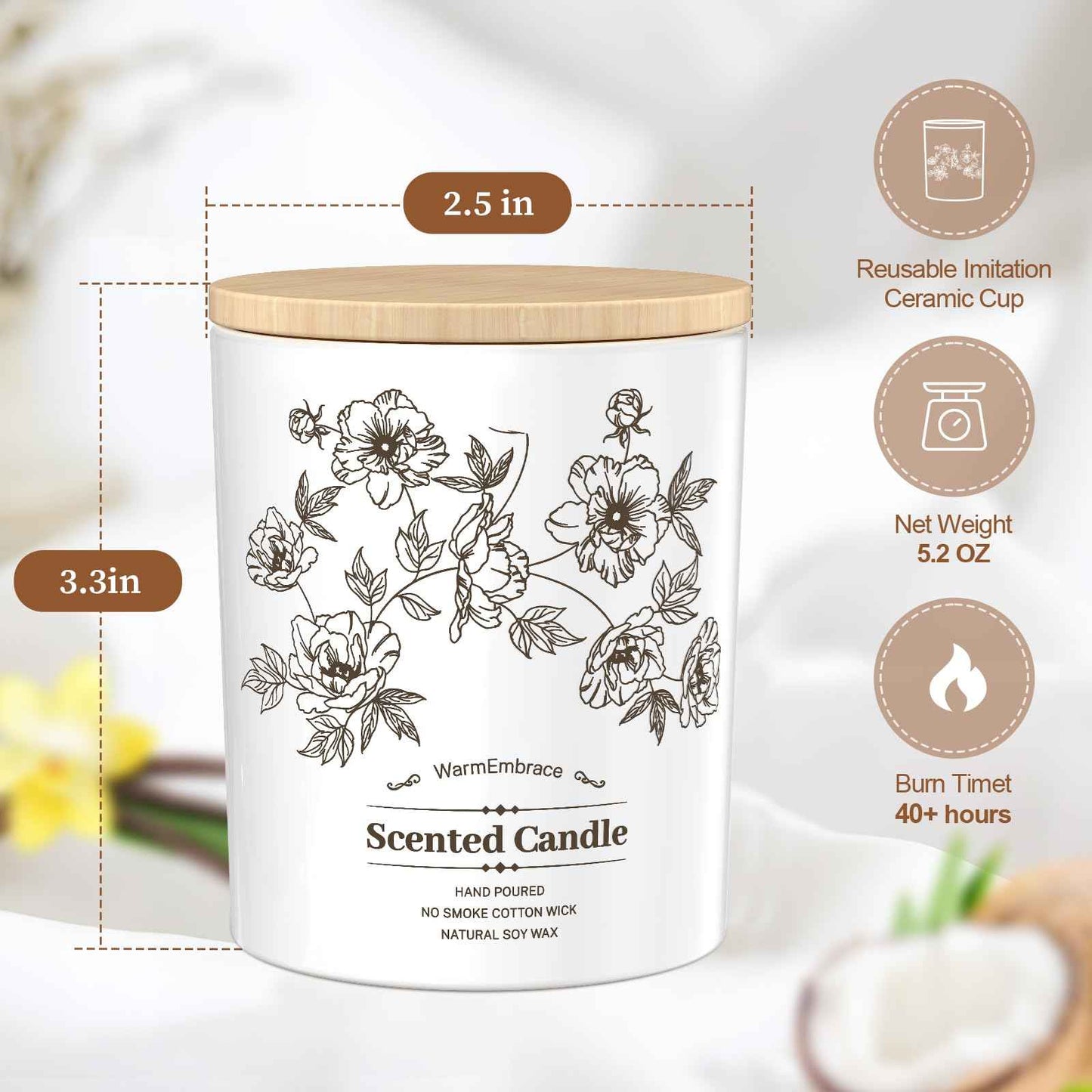 Deluxe Scented Candle for Women & Men, Vanilla Coconut Soy Wax Candle, 8 Oz Jar Candle for Home, Scented-60 Hours Long Lasting Burning, Suitable Gift for Mom