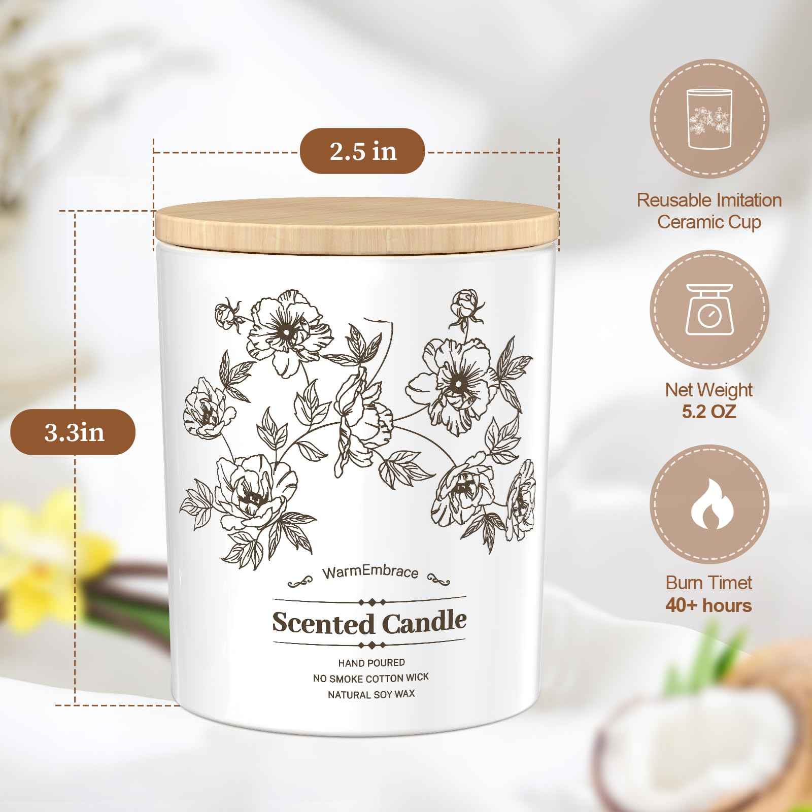 Deluxe Scented Candle for Women & Men, Vanilla Coconut Soy Wax Candle, 8 Oz Jar Candle for Home, Scented-60 Hours Long Lasting Burning, Suitable Gift for Mom