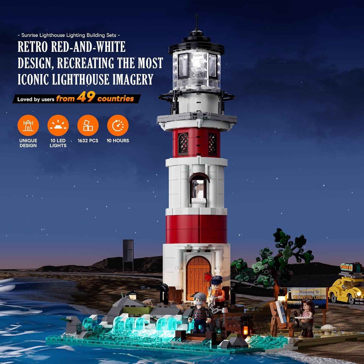 City Sunrise Lighthouse Lighting-Building-Bricks-Set - 1632 Pcs Road Trip Lighthouse Modular Collection LED Light Building Set for Adults and Travelling Enthusiasts