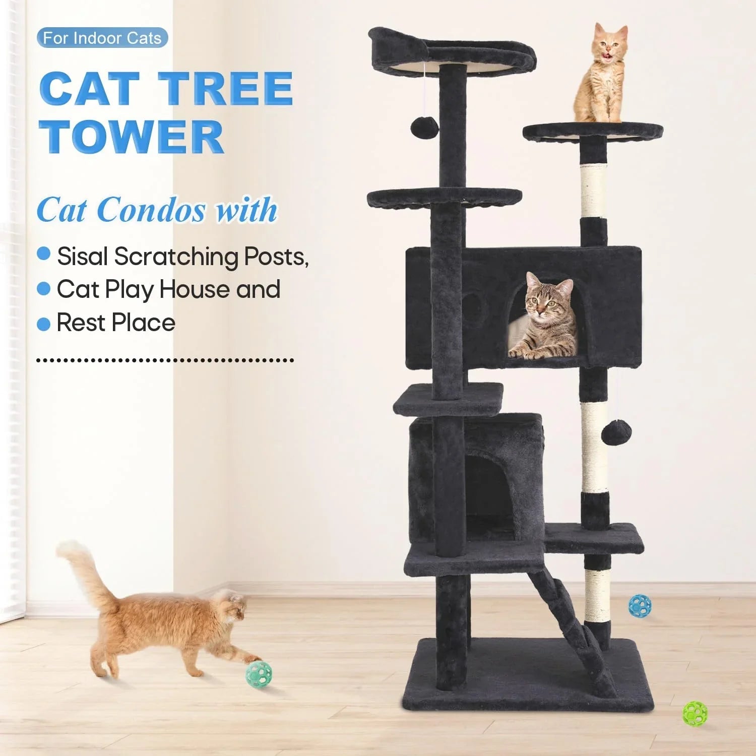 FDW Cat Tree 54in Cat Tower Multi-Level Durable Cat Scratching Post & Cozy Fun Cat Jumping Platform Space Saving Cat Condo Pet Play House for Indoor Cats,Dark Gray jlhbookstore.store