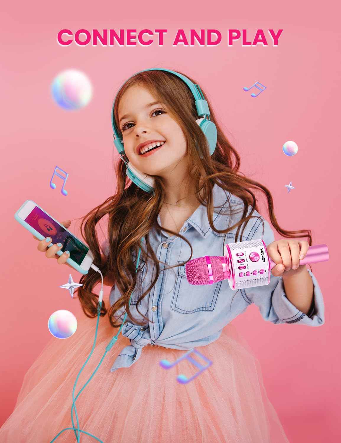 BONAOK Wireless Bluetooth Karaoke Microphone, Portable Toy Microphone for Singing, Gifts to Girls Boys Kids Adults All Age Q37（Bright Purple）