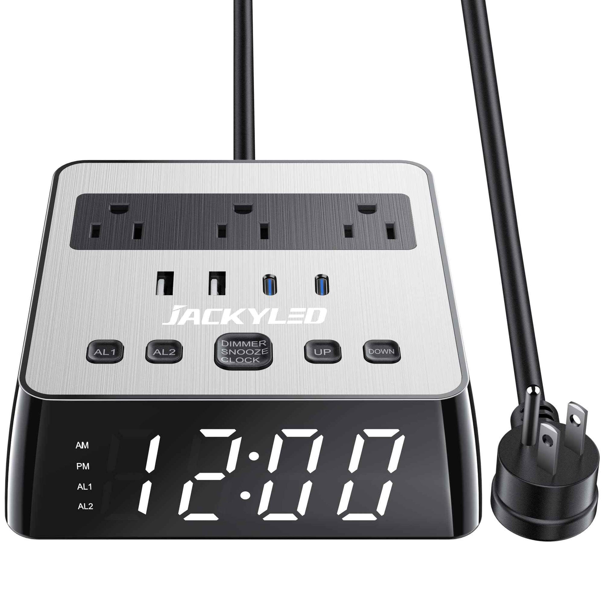 JACKYLED Alarm Clock with 4 USB Chargers Power Strip 3 Outlets 1700J Surge Protector Nightstand Dimmable Digital Clock with Dual Alarm and Snooze Function for Bedroom, Full Screen LED Display