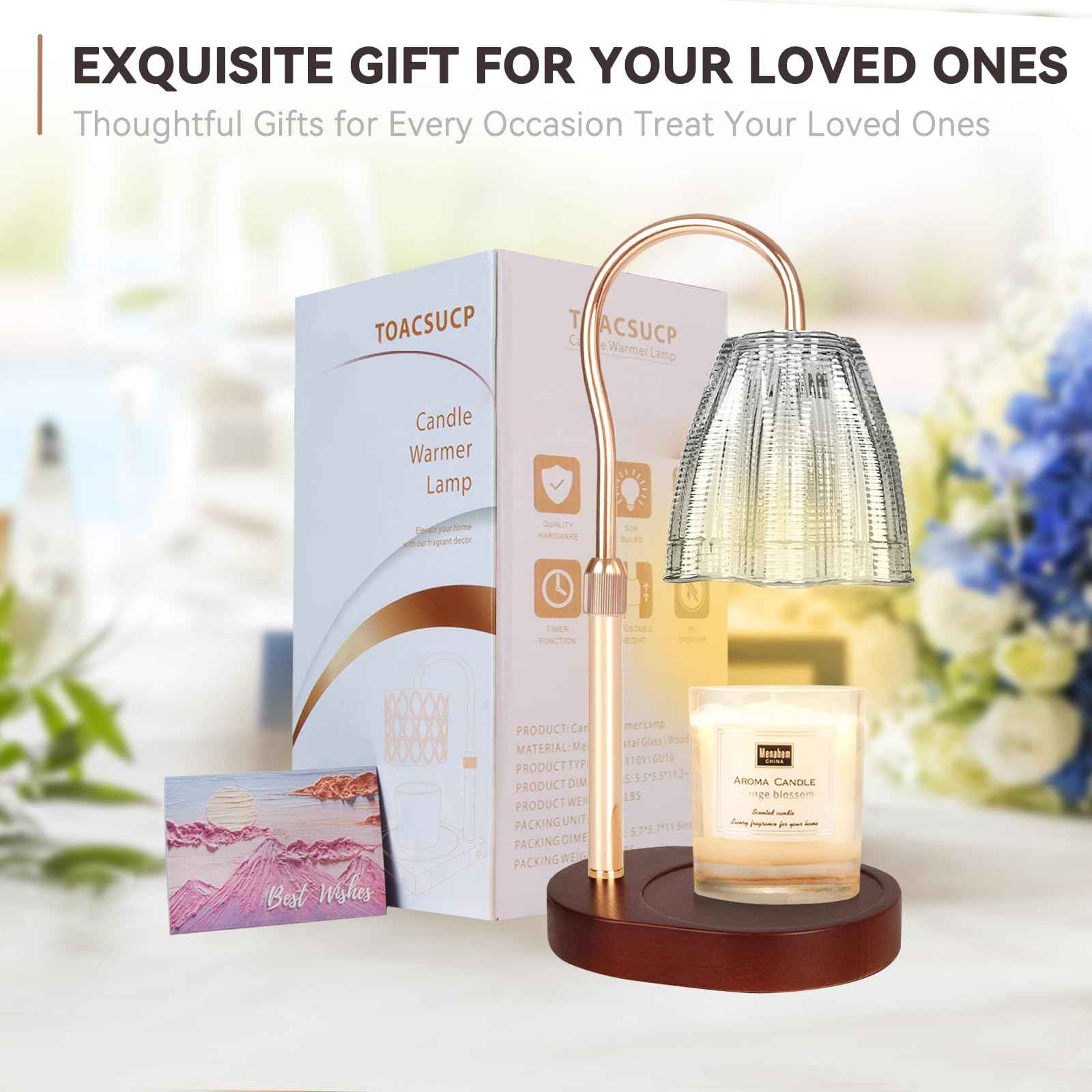 Candle Warmer Lamp with 3 Bulbs, Adjustable Height Dimmable Candle Warmer with Timer, Candle Lamp with Charming Gift Box Ribbon,Birthday Gifts for Women Mom, House Warming Gifts New Home Decor