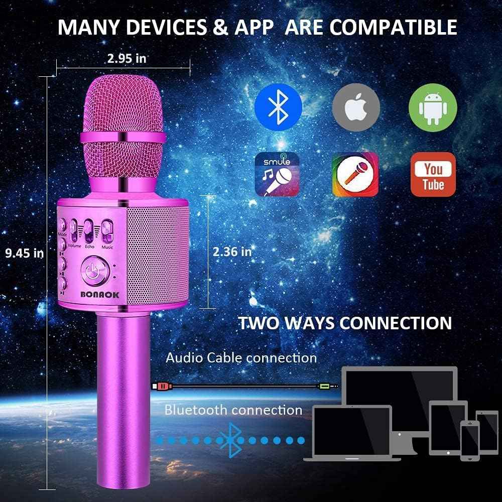 BONAOK Wireless Bluetooth Karaoke Microphone, Portable Toy Microphone for Singing, Gifts to Girls Boys Kids Adults All Age Q37（Bright Purple）