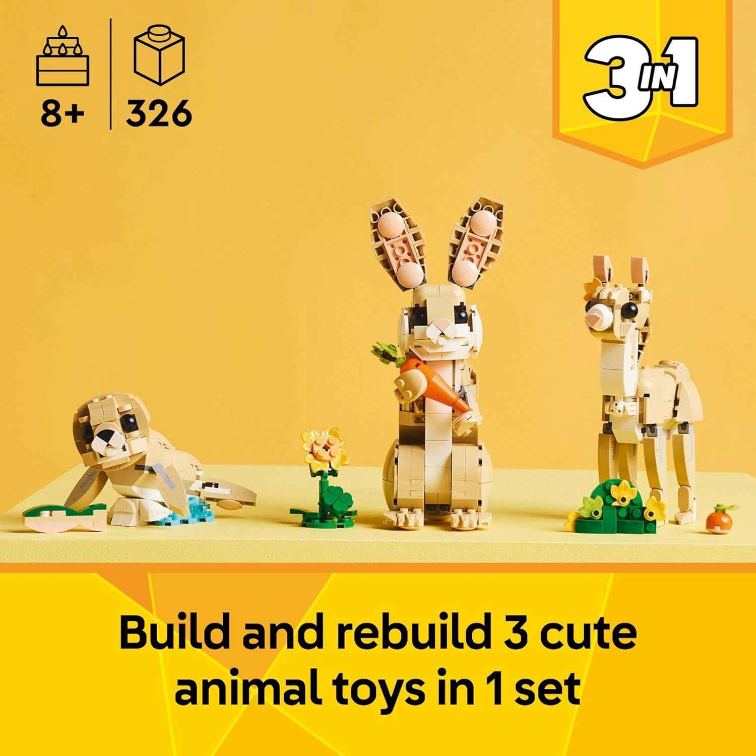 LEGO Creator 3 in 1 Cute Bunny Toy - Building Toy Set with 3 Build Options, Bunny, Seal, or Llama - Animal Figures for Kids, Girls and Boys, Ages 8+ - Gift Idea for Birthdays - 31162