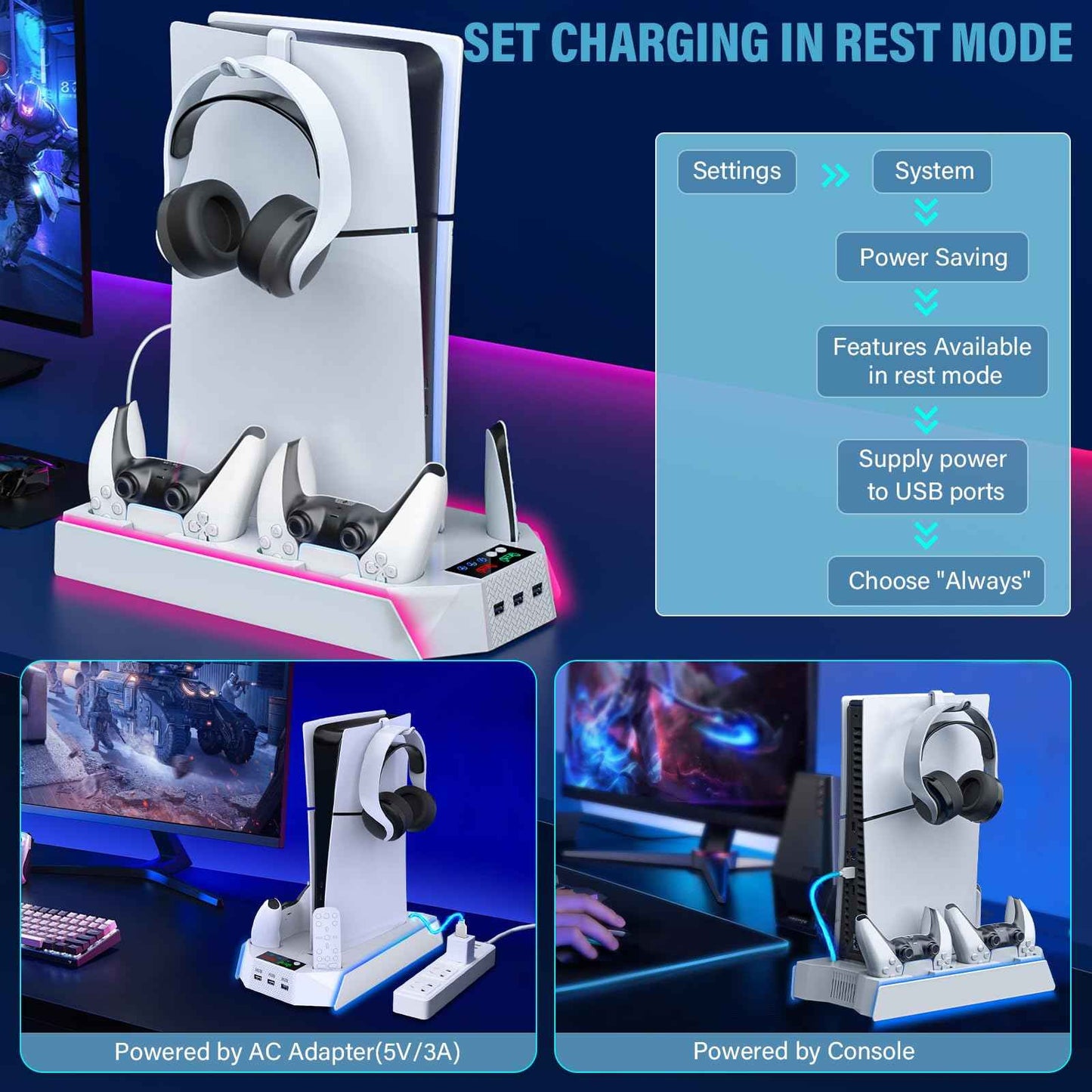 PS5/PS5 Slim/PS5 Pro Stand and Cooling Station with Dual Controller Charging Station for PlayStation 5 Console, PS5 Accessories Incl. Controller Charger, Cooling Fan, Headset Holder, 3 USB Hub, White