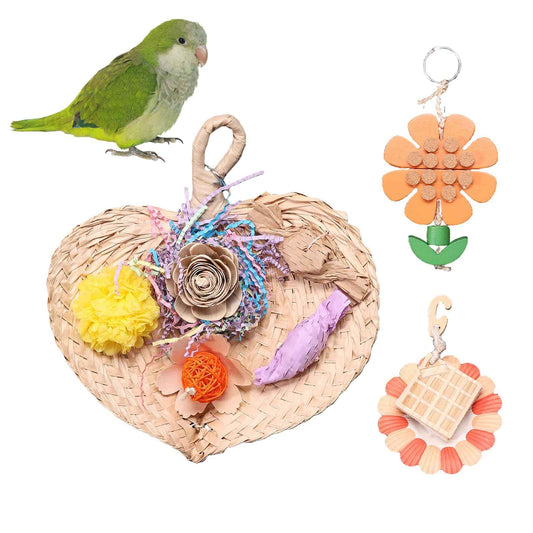Parrot Chew Toys Set - Natural Wood & Loofah Toys with Plant-Based Dyes, 3 Pack Bird Chew Toys for Cockatiels, Conures & Small Parrots for Cage Enrichment (3 Pieces of Blue Series)