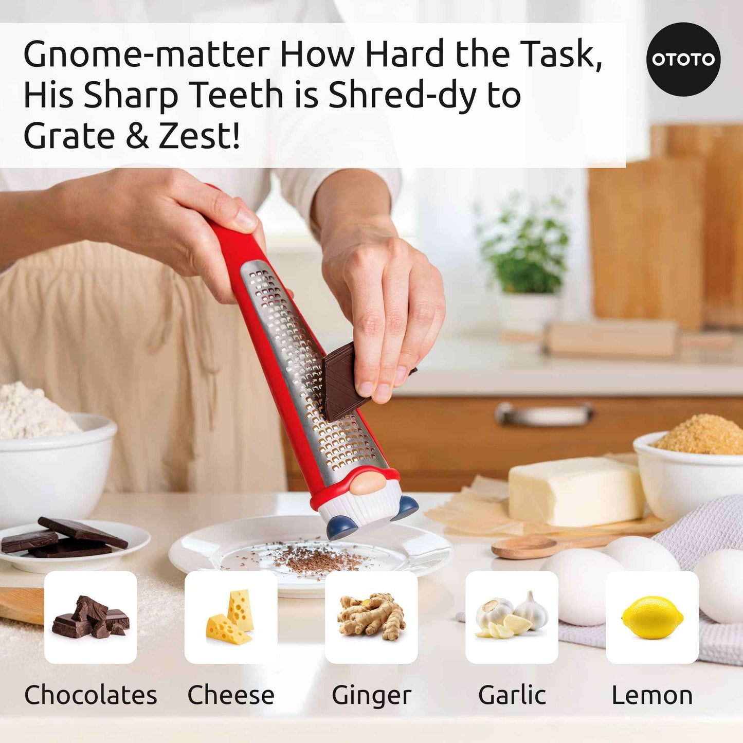 OTOTO Grater - Stainless Steel, BPA Free, Dishwasher Safe, Fun Kitchen Gadget, Vegetable Shredder, Cute Kitchen Gifts & Accessories (Pepito Gnome Grater, Red)
