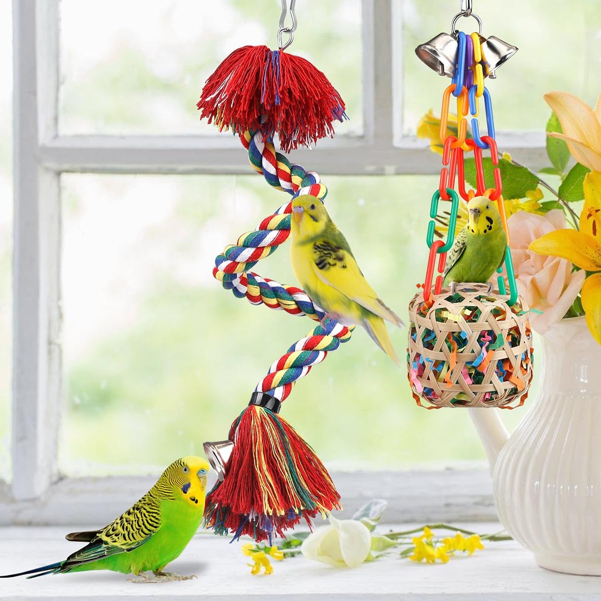Bird Toys Rope Perch with Bell Colorful Bird Chewing Shredding Foraging Toys Parrot Swing Climbing Standing Hanging Toys Cage Accessories for Conure Cockatiel Budgies Lovebird
