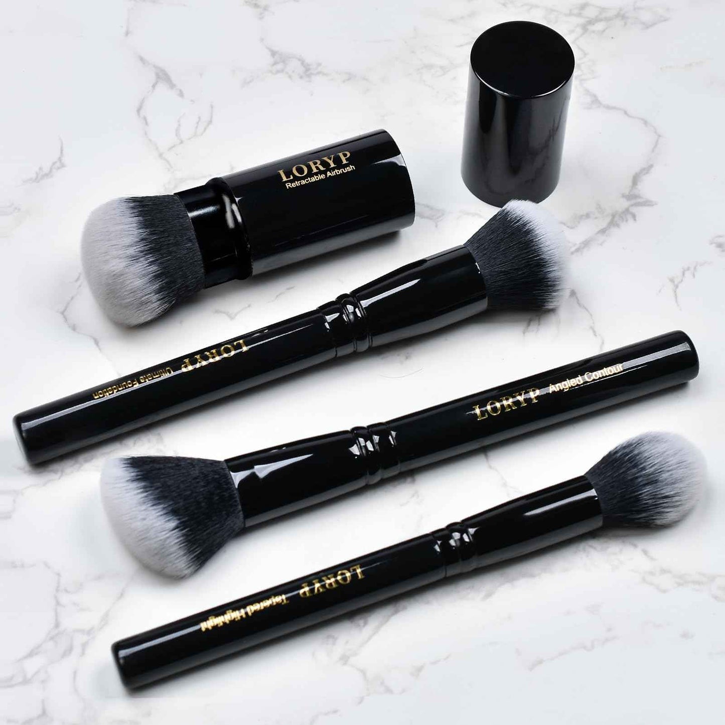 LORYP Retractable Makeup Brush Black Kabuki Foundation Brush for liquid Cream and Powder Makeup 2 Pack Travel Makeup Brush Set