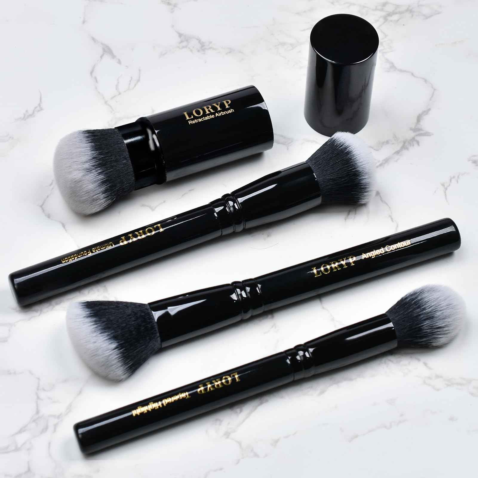 LORYP Retractable Makeup Brush Black Kabuki Foundation Brush for liquid Cream and Powder Makeup 2 Pack Travel Makeup Brush Set