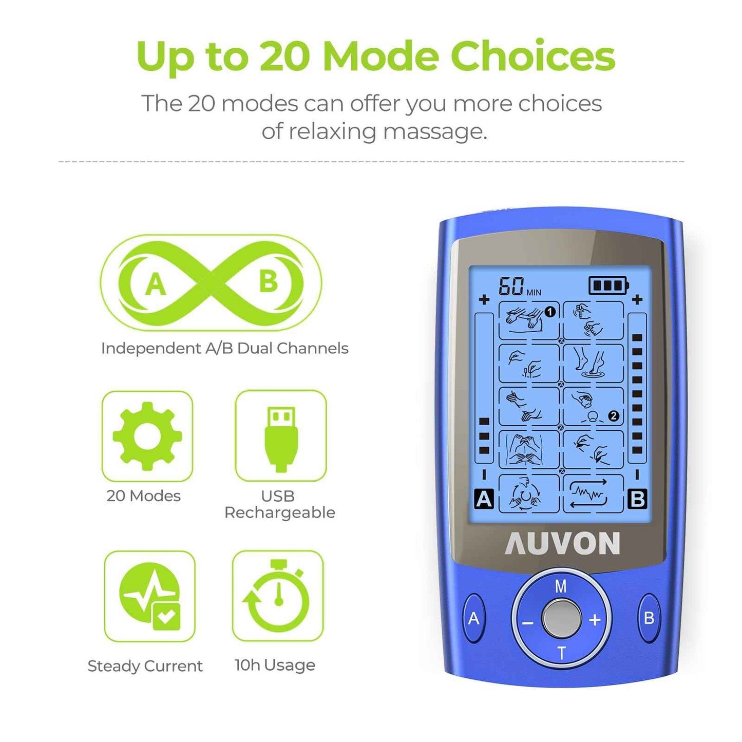 AUVON Dual Channel TENS Unit Muscle Stimulator Machine with 20 Modes, 2" and 2"x4" TENS Unit Electrode Pads
